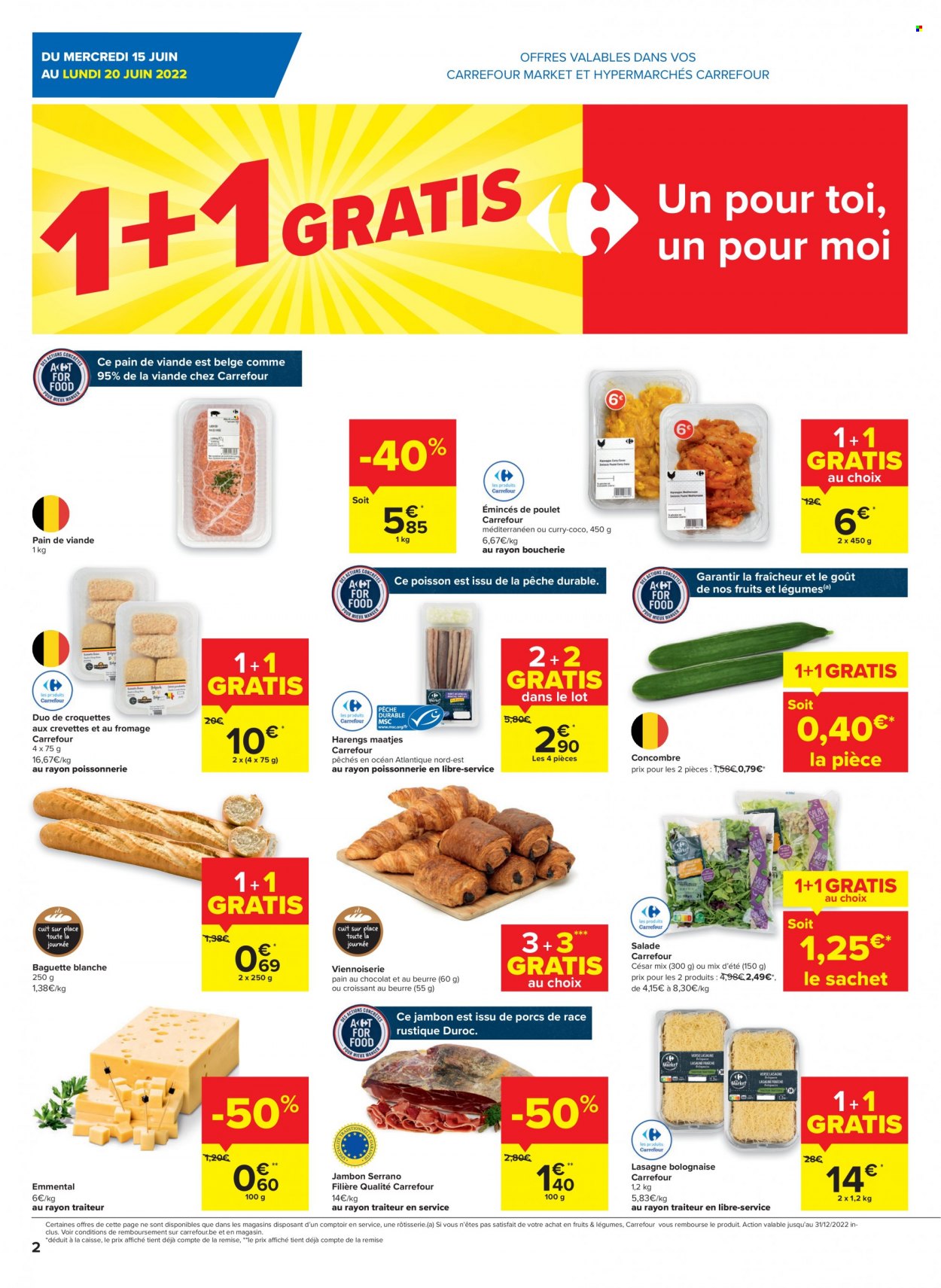 Carrefour-aanbieding - 15.6.2022 - 27.6.2022 -  producten in de aanbieding - baguette, croissant, lasagne, Emmental, curry. Pagina 2.