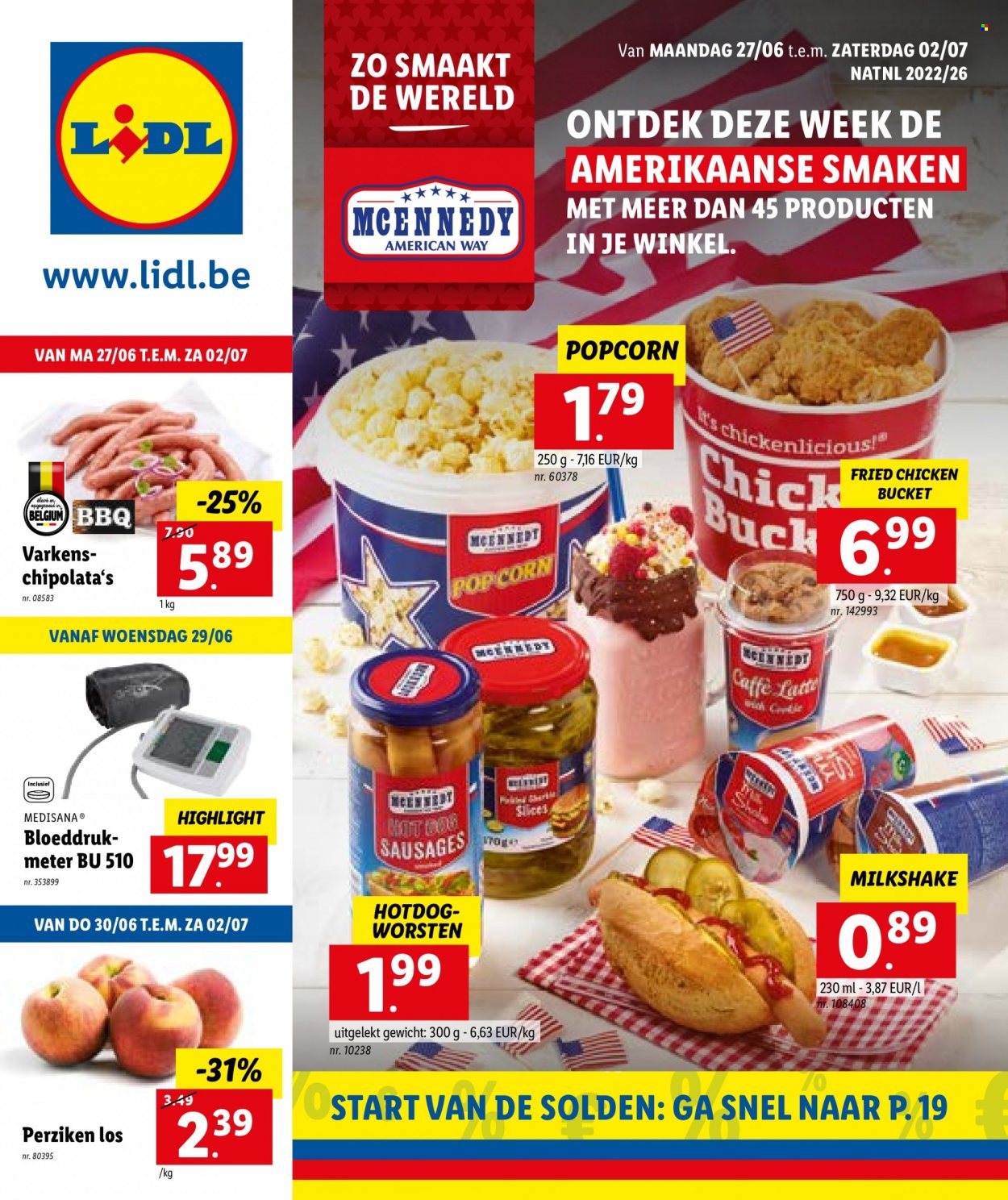 Lidl-aanbieding - 27.6.2022 - 2.7.2022 -  producten in de aanbieding - hot dogs, chipolataworstjes, popcorn, BBQ. Pagina 1.