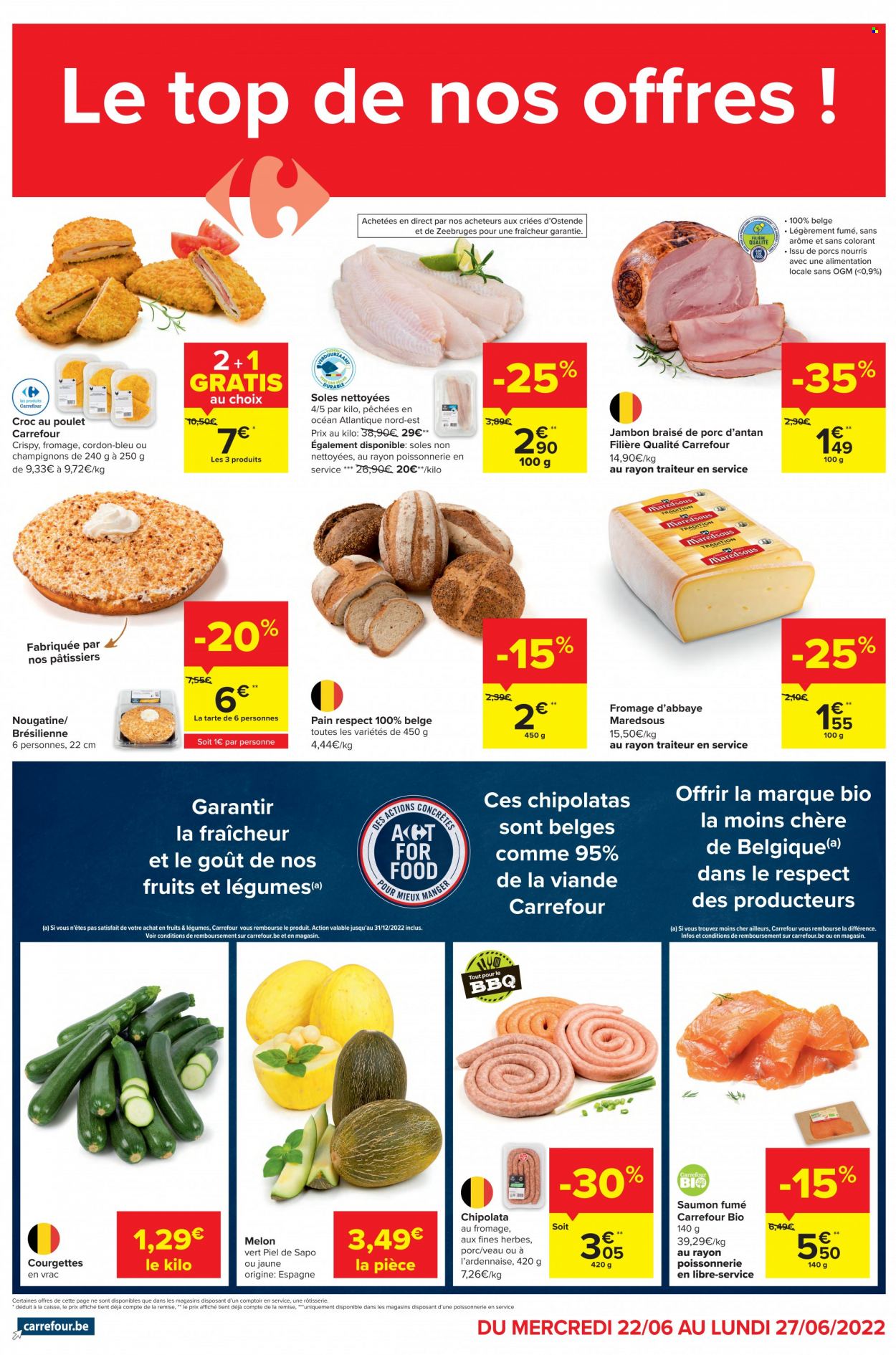 Carrefour-aanbieding - 22.6.2022 - 27.6.2022 -  producten in de aanbieding - champignons, Piel de Sapo meloen, chipolataworstjes, top. Pagina 1.