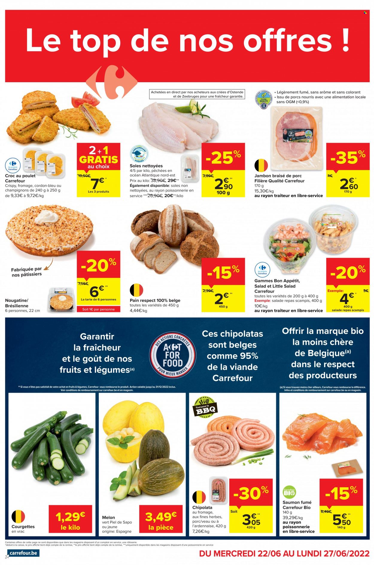 Carrefour-aanbieding - 22.6.2022 - 27.6.2022 -  producten in de aanbieding - champignons, Piel de Sapo meloen, chipolataworstjes, top. Pagina 2.