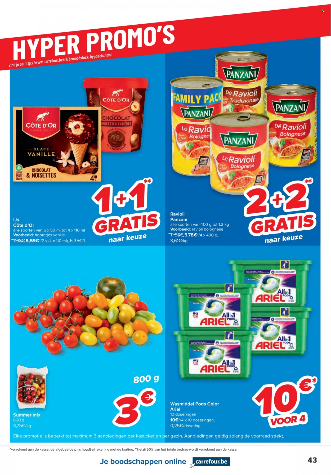 Carrefour-aanbieding - 22.6.2022 - 27.6.2022 -  producten in de aanbieding - ravioli, panzani, wasmiddel, Ariel. Pagina 3.