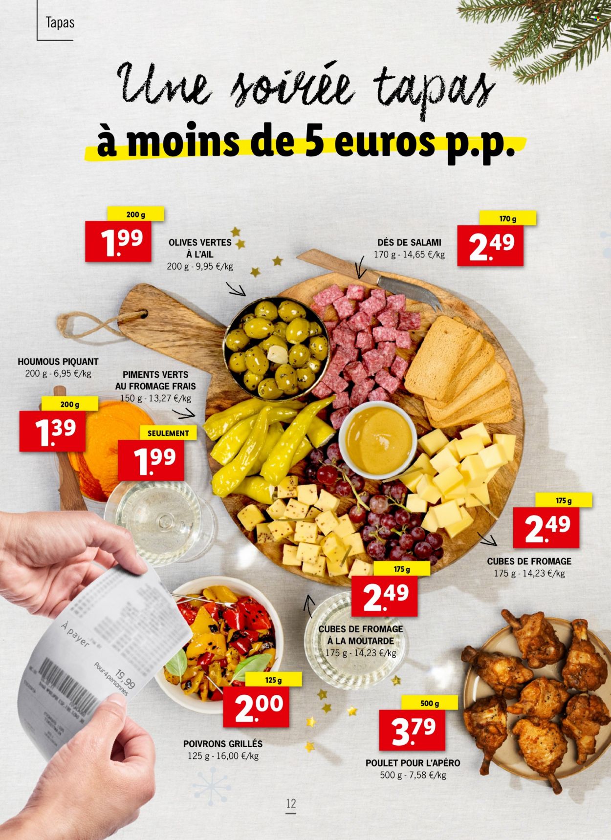 Lidl-aanbieding -  producten in de aanbieding - tapas, salami, hummus, mosterd. Pagina 12.