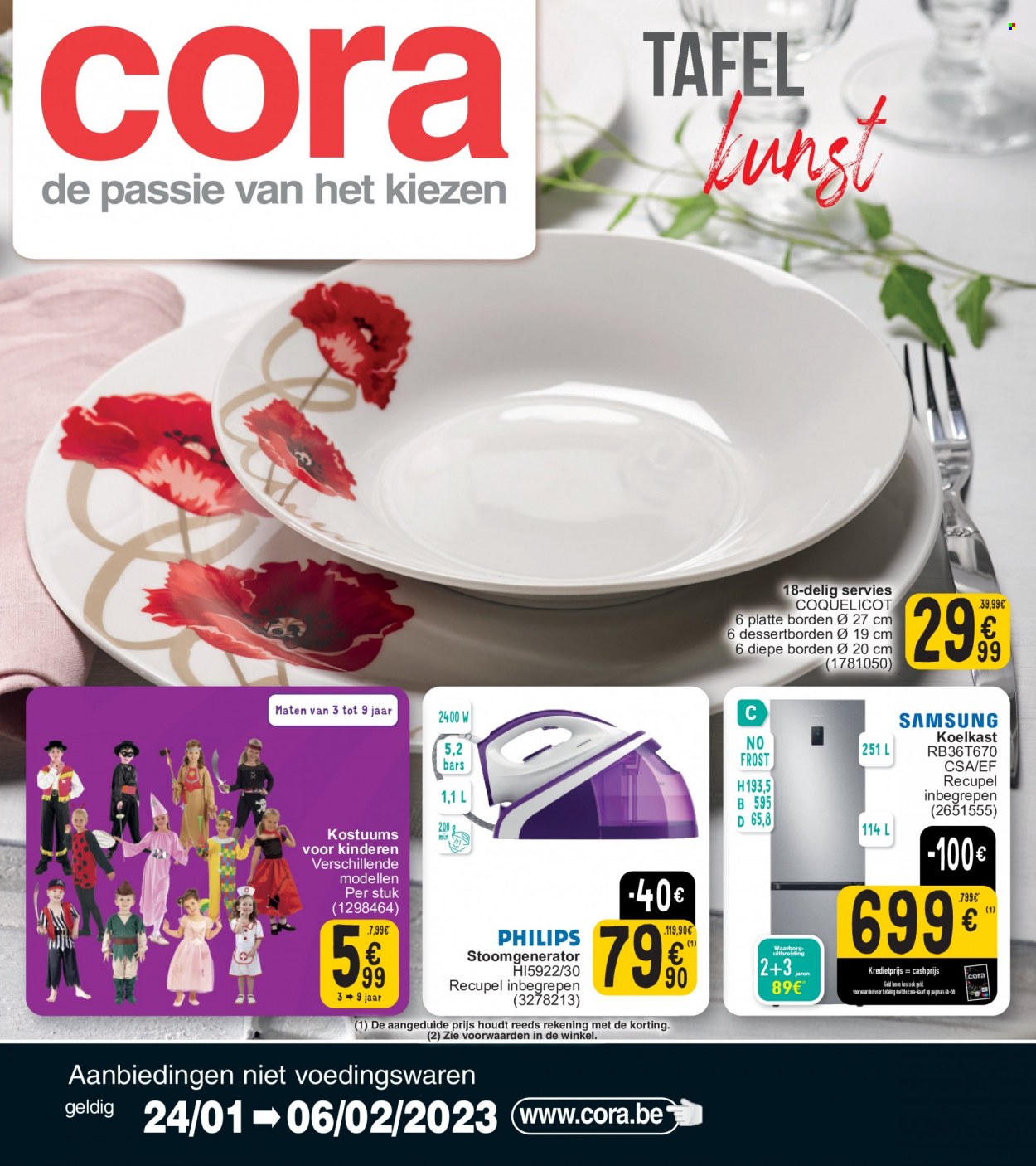 Cora-aanbieding - 24/01/2023 - 06/02/2023 -  producten in de aanbieding - Samsung, Philips, koelkast, stoomgenerator, tafel. Pagina 1.