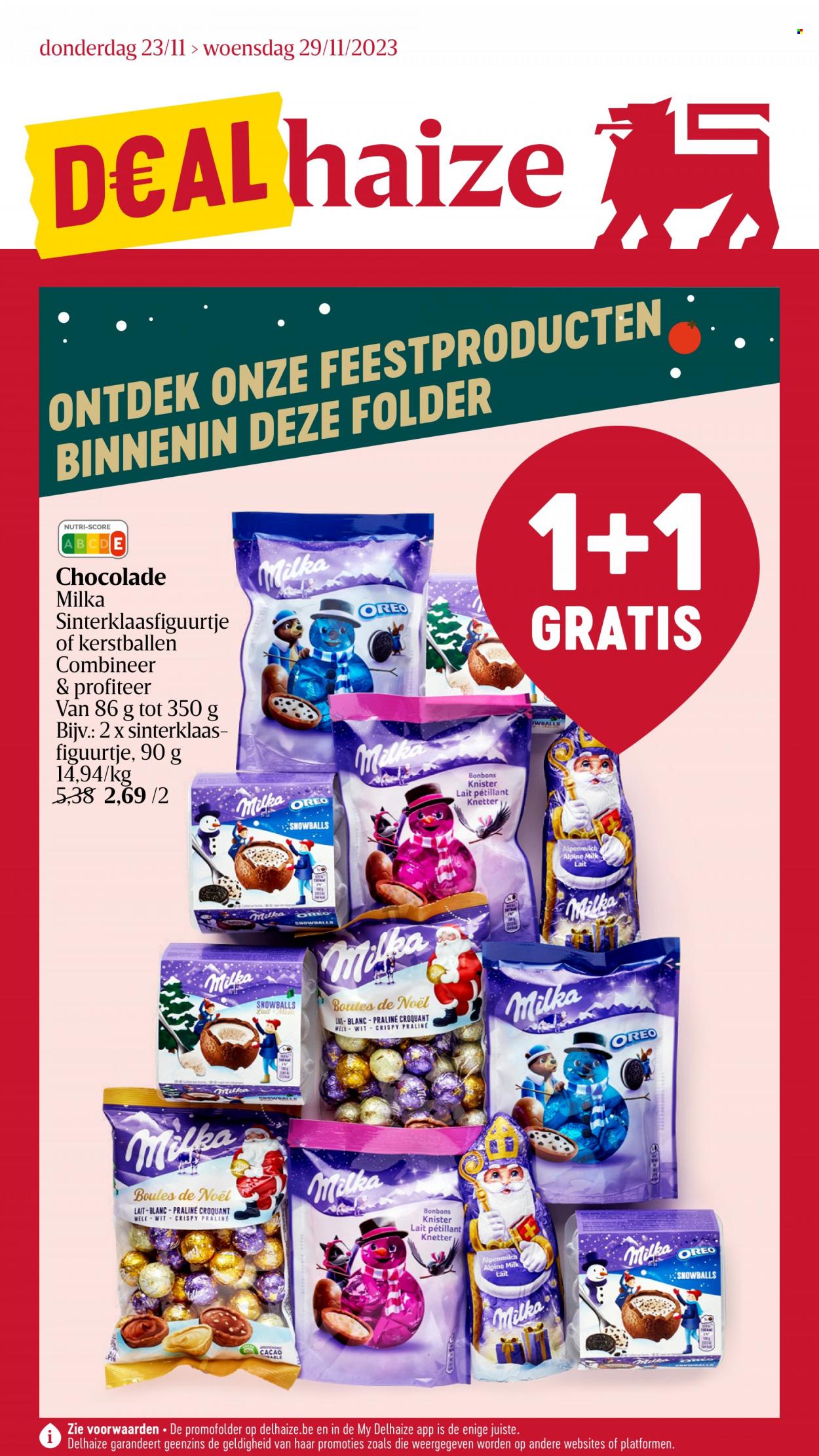 Delhaize-aanbieding - 23/11/2023 - 29/11/2023 -  producten in de aanbieding - Milka, melk, Oreo, chocolade, praline, feestproducten. Pagina 1.