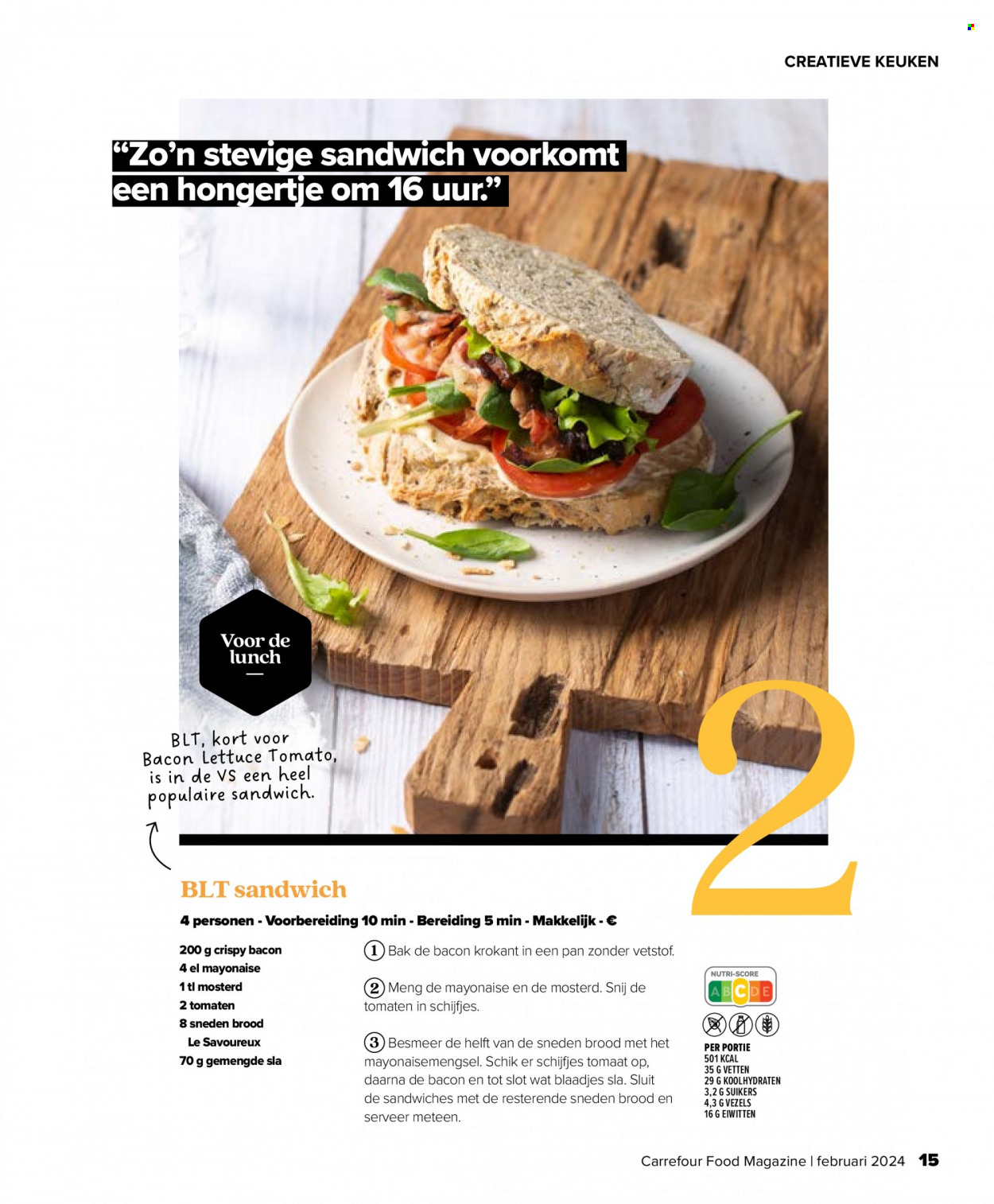 thumbnail - Carrefour-aanbieding - 29/01/2024 - 20/03/2024 -  producten in de aanbieding - brood, sla, slamelange, tomaten, sandwich, bacon, mayonaise, mosterd. Pagina 15.