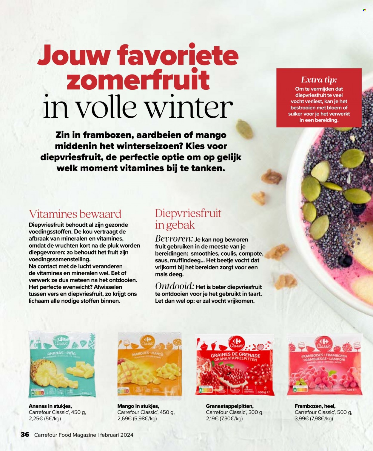 Carrefour-aanbieding - 29/01/2024 - 20/03/2024 -  producten in de aanbieding - gebak, taart, aardbeien, zomerfruit, frambozen, mango, suiker, compote. Pagina 36.