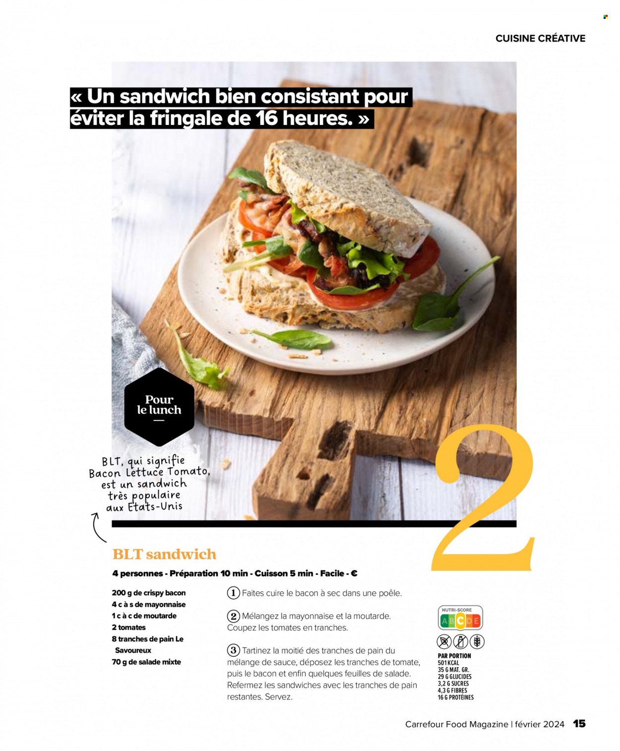 thumbnail - Carrefour-aanbieding - 29/01/2024 - 20/03/2024 -  producten in de aanbieding - salade, sandwich, bacon, mosterd. Pagina 15.