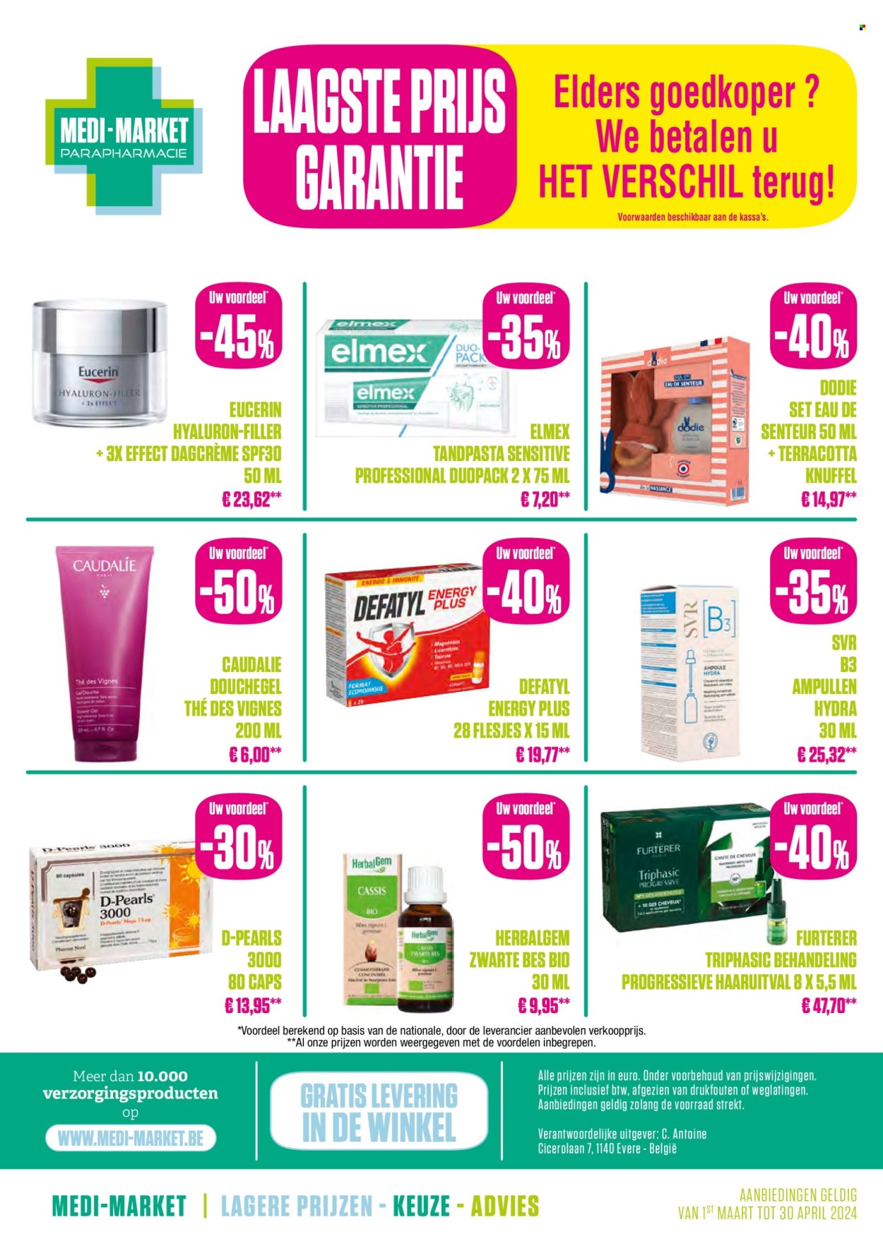 thumbnail - Medi-Market-aanbieding -  producten in de aanbieding - douchegel, tandpasta, Elmex, dagcrème, Eucerin. Pagina 32.