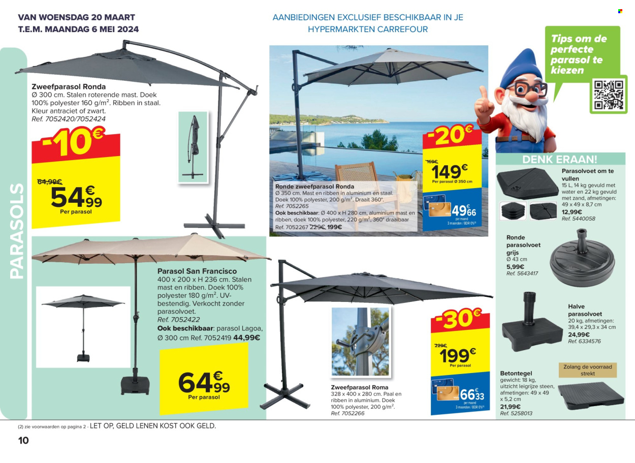 thumbnail - Carrefour hypermarkt-aanbieding - 20/03/2024 - 06/05/2024 -  producten in de aanbieding - parasol, parasolvoet. Pagina 10.