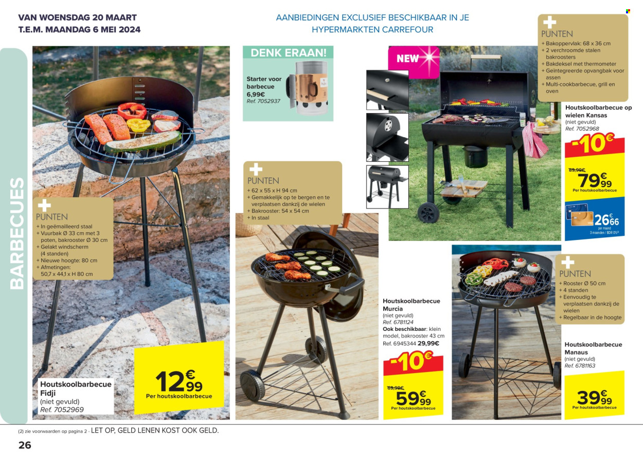 thumbnail - Carrefour hypermarkt-aanbieding - 20/03/2024 - 06/05/2024 -  producten in de aanbieding - BBQ, oven, windscherm, grill, thermometer. Pagina 26.