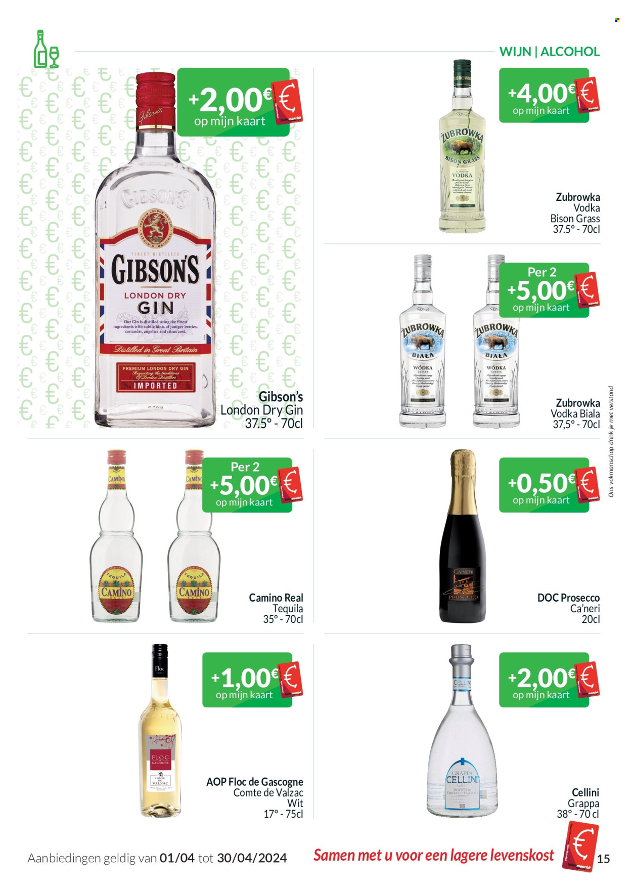 thumbnail - Intermarché-aanbieding - 01/04/2024 - 30/04/2024 -  producten in de aanbieding - alcohol, wijn, prosecco, London Dry Gin, Grappa, Tequila, vodka, gin. Pagina 15.