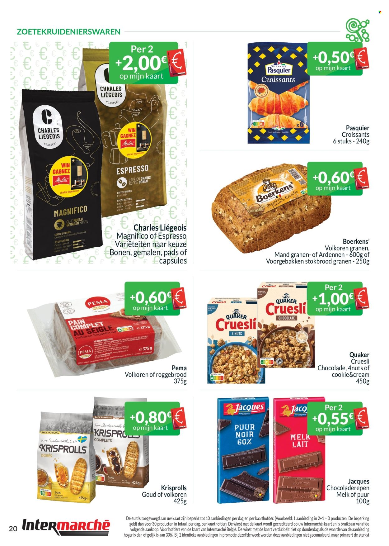 thumbnail - Intermarché-aanbieding - 01/04/2024 - 30/04/2024 -  producten in de aanbieding - stokbrood, gebak, croissant, melk, bonen, chocolade, Espresso, mand. Pagina 20.