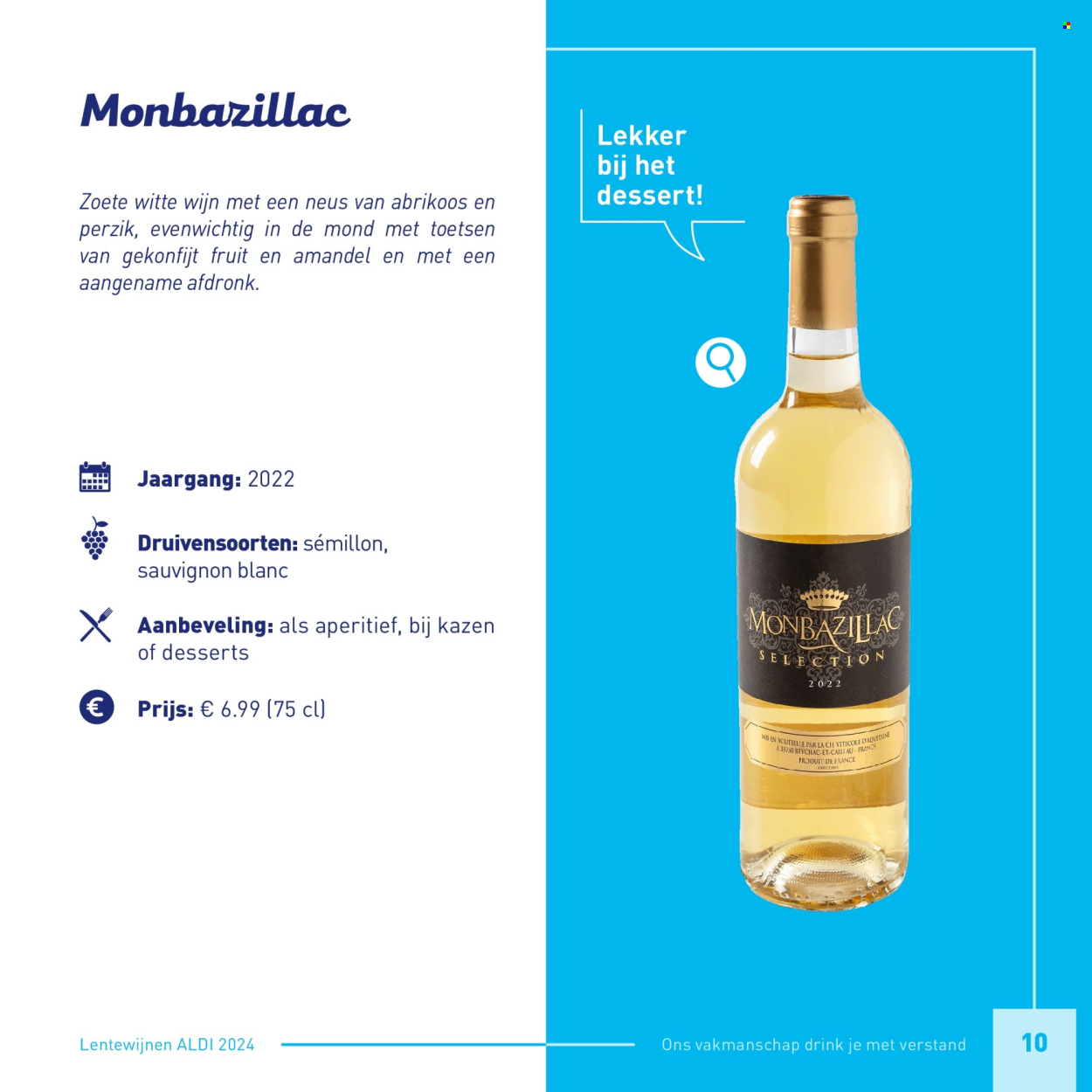 thumbnail - ALDI-aanbieding -  producten in de aanbieding - alcohol, perzik, nagerecht, witte wijn, zoete witte wijn, wijn, Sauvignon Blanc. Pagina 10.