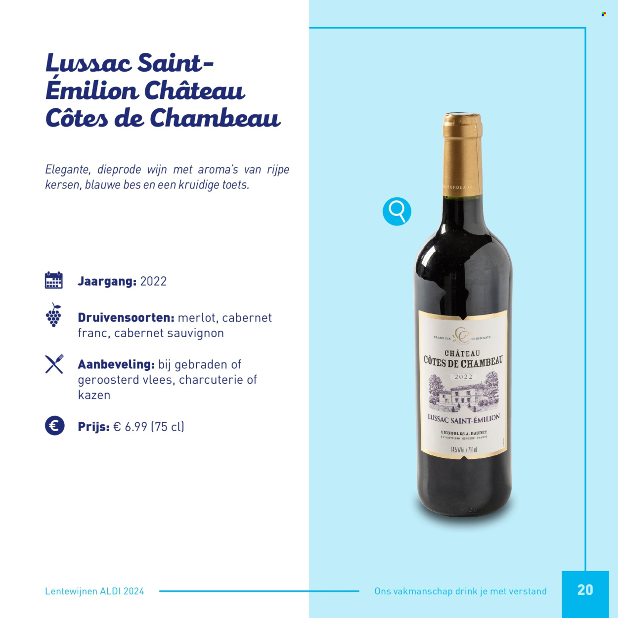 thumbnail - ALDI-aanbieding -  producten in de aanbieding - alcohol, Cabernet Sauvignon, Merlot, rode wijn, wijn, Bordeaux. Pagina 20.