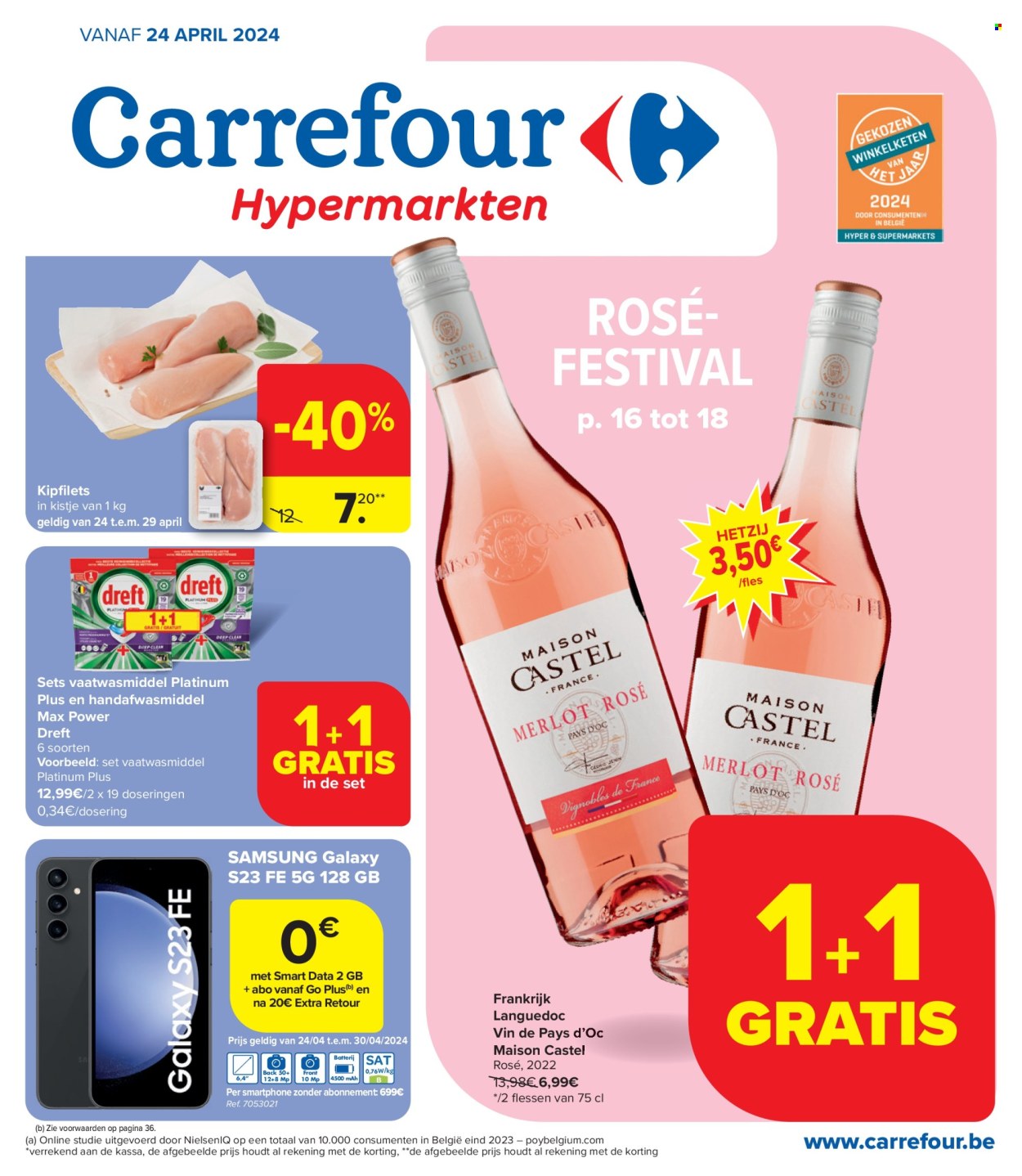 thumbnail - Carrefour hypermarkt-aanbieding - 24/04/2024 - 06/05/2024 -  producten in de aanbieding - alcohol, wijn, Frankrijk, Dreft, fles, Samsung, smartphone. Pagina 1.