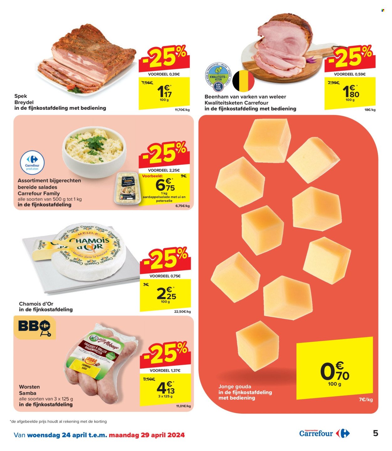 thumbnail - Carrefour hypermarkt-aanbieding - 24/04/2024 - 06/05/2024 -  producten in de aanbieding - beenham, spek, worstjes, aardappelsalade, gouda. Pagina 5.