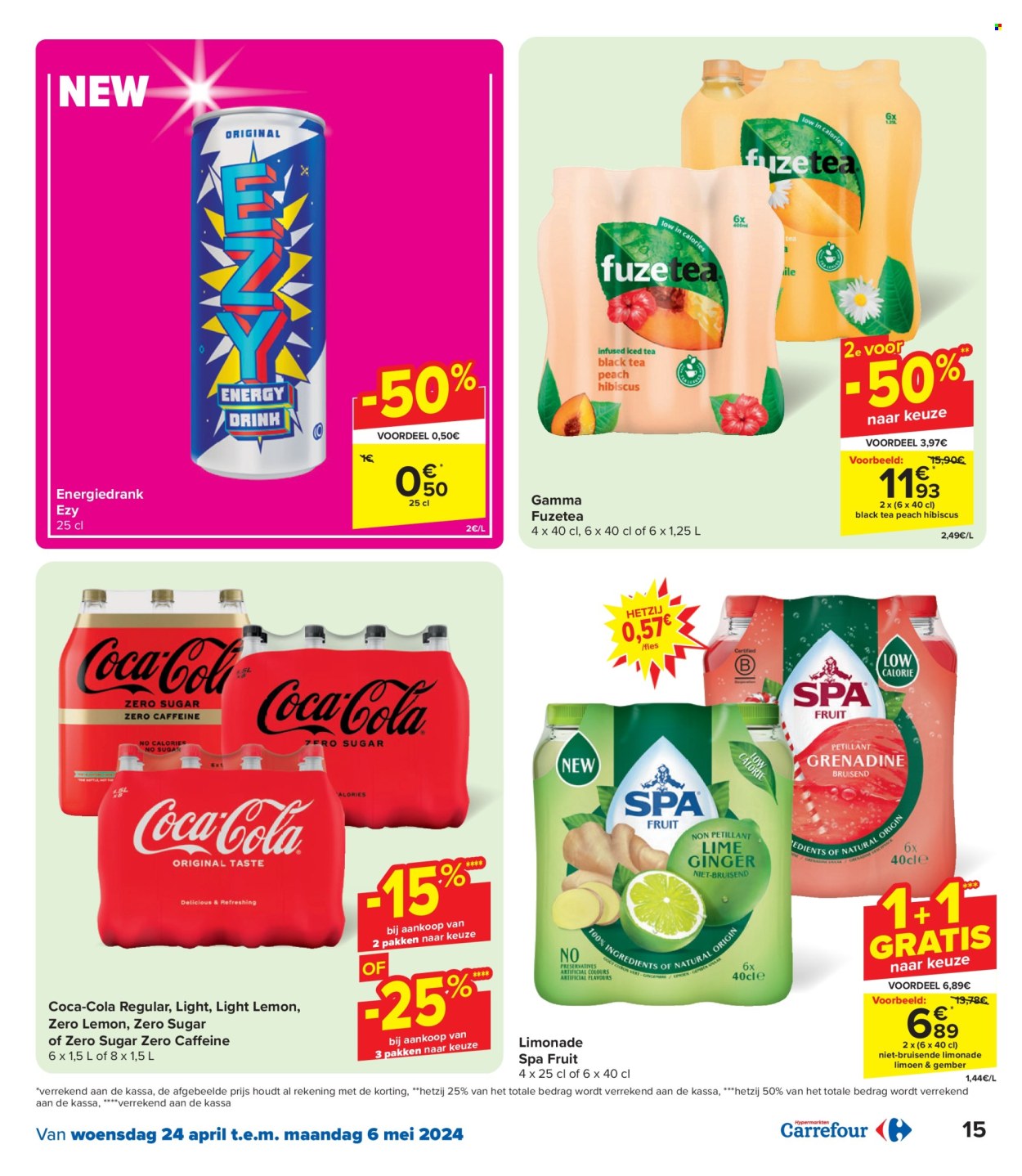 thumbnail - Carrefour hypermarkt-aanbieding - 24/04/2024 - 06/05/2024 -  producten in de aanbieding - Gamma, limoen, gember, Coca-Cola, limonade, mineraalwater, Spa, thee, fuzetea, fles. Pagina 15.