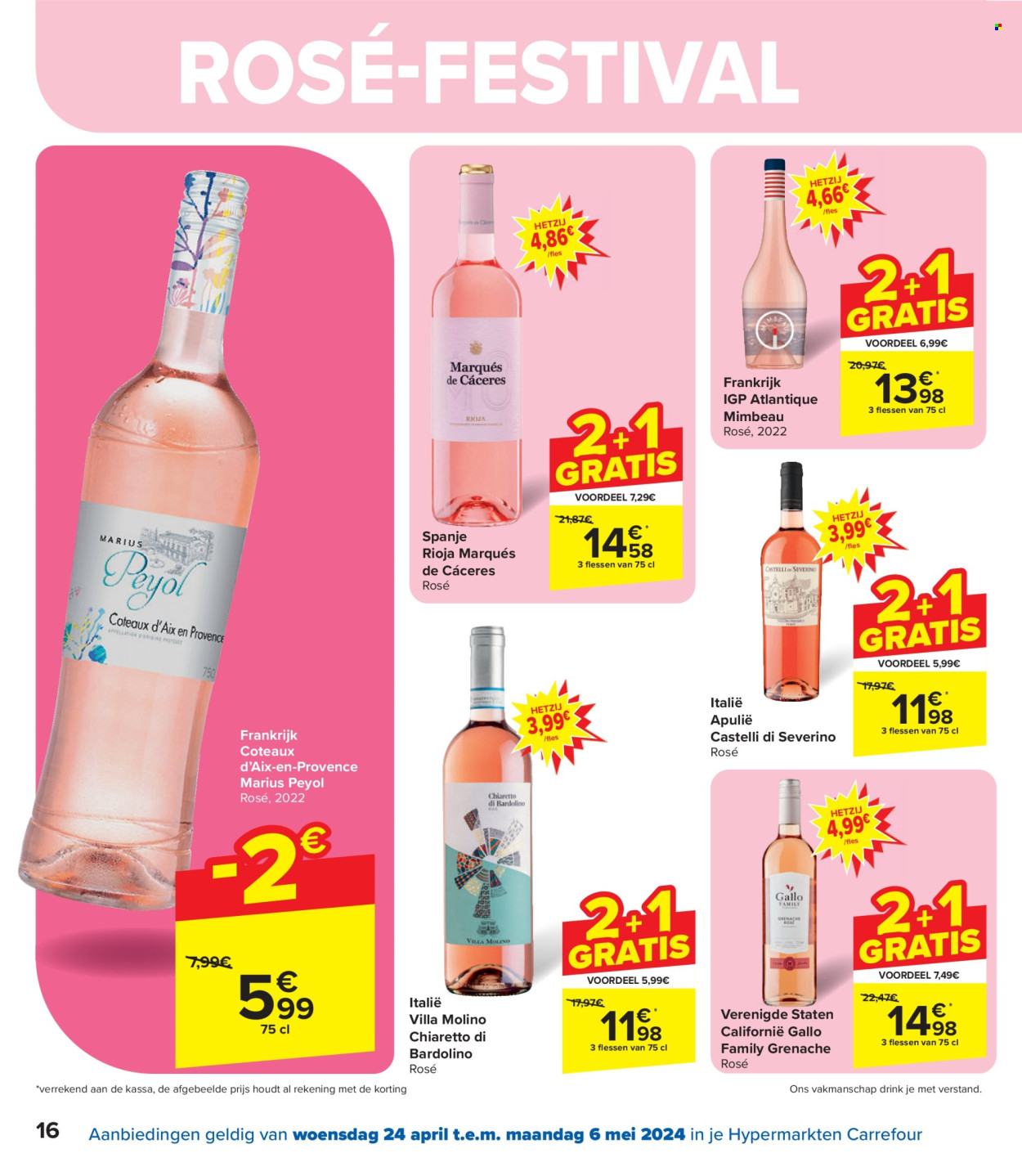 thumbnail - Carrefour hypermarkt-aanbieding - 24/04/2024 - 06/05/2024 -  producten in de aanbieding - alcohol, Rioja, rode wijn, wijn, Frankrijk, fles. Pagina 16.