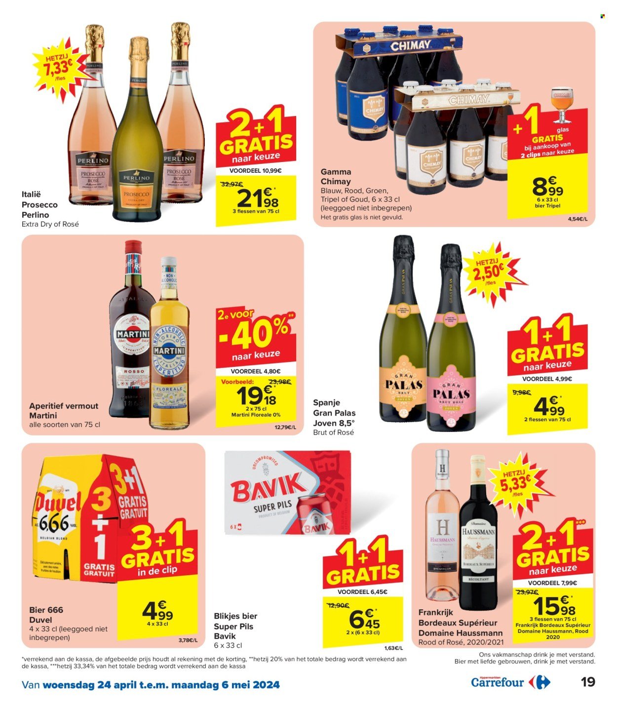 thumbnail - Carrefour hypermarkt-aanbieding - 24/04/2024 - 06/05/2024 -  producten in de aanbieding - Duvel, bier, alcohol, Gamma, wijn, Martini, prosecco, Bordeaux, Frankrijk, glazen, fles. Pagina 19.