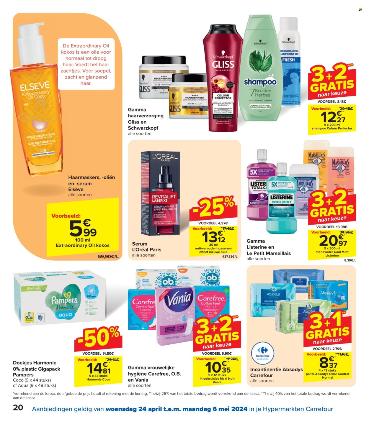 thumbnail - Carrefour hypermarkt-aanbieding - 24/04/2024 - 06/05/2024 -  producten in de aanbieding - L’oréal, Gamma, Pampers, shampoo, mondwater, Listerine, inlegkruisjes, Schwarzkopf, Elseve. Pagina 20.