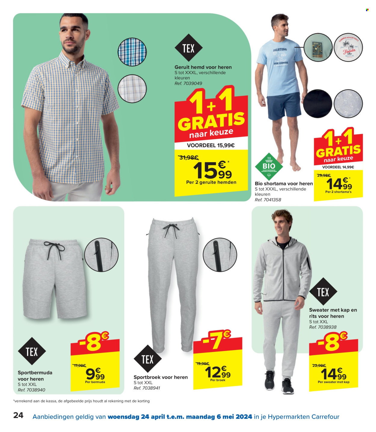 thumbnail - Carrefour hypermarkt-aanbieding - 24/04/2024 - 06/05/2024 -  producten in de aanbieding - short, sportbroek, broek, hemdtopje, trui, pyjama. Pagina 24.
