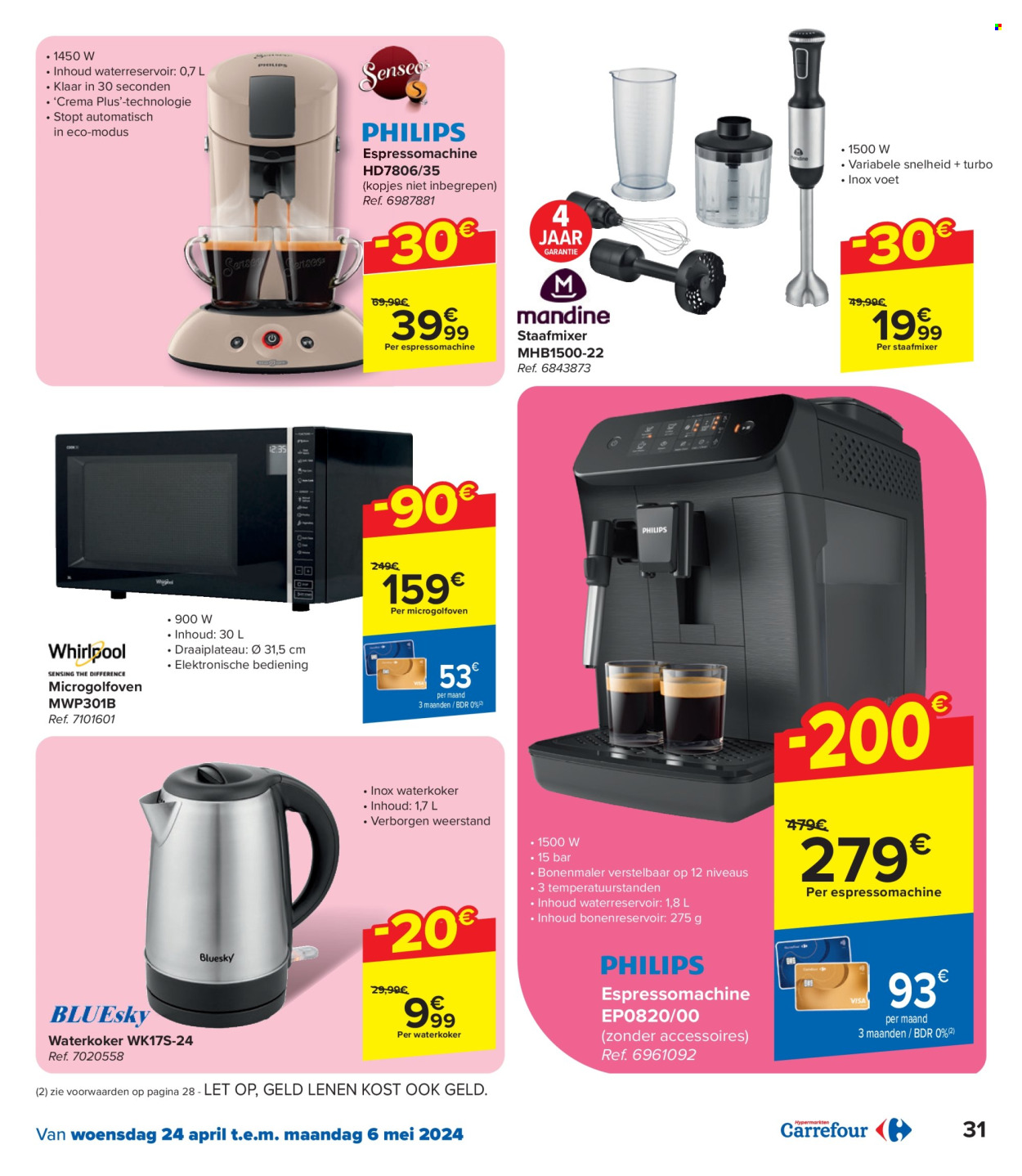 thumbnail - Carrefour hypermarkt-aanbieding - 24/04/2024 - 06/05/2024 -  producten in de aanbieding - espressomachine, staafmixer, waterkoker. Pagina 31.