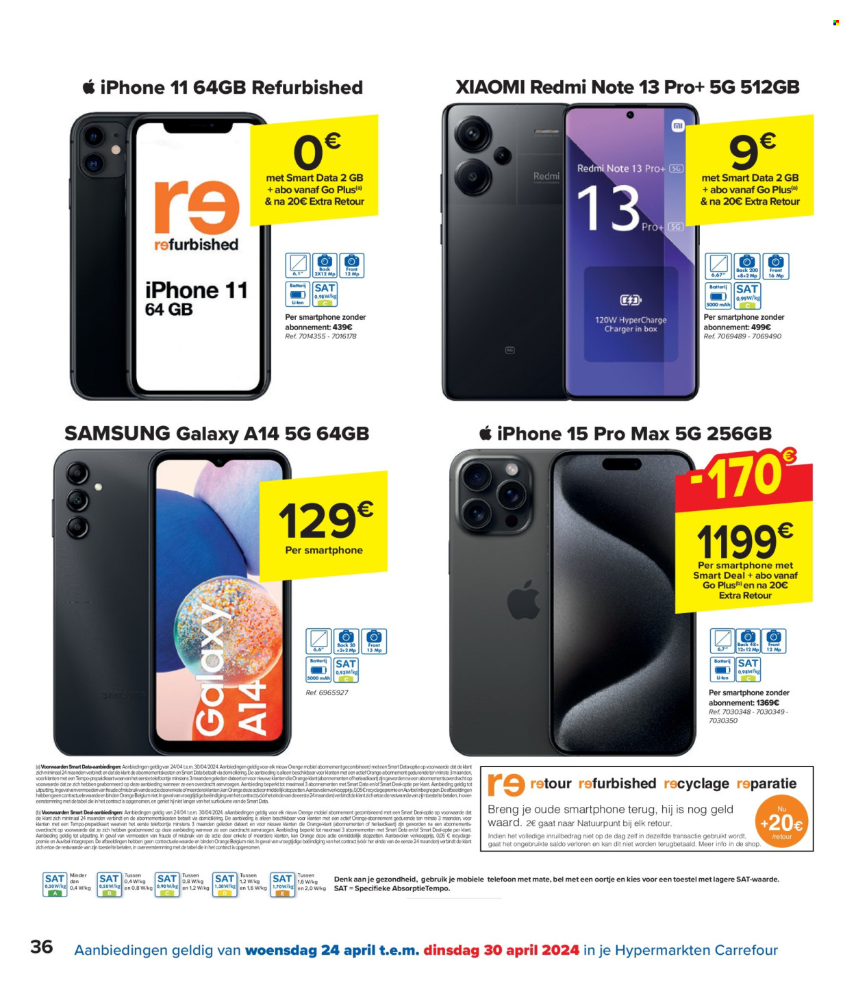 thumbnail - Carrefour hypermarkt-aanbieding - 24/04/2024 - 06/05/2024 -  producten in de aanbieding - Mate, Samsung, smartphone, iPhone, iPhone 11. Pagina 36.