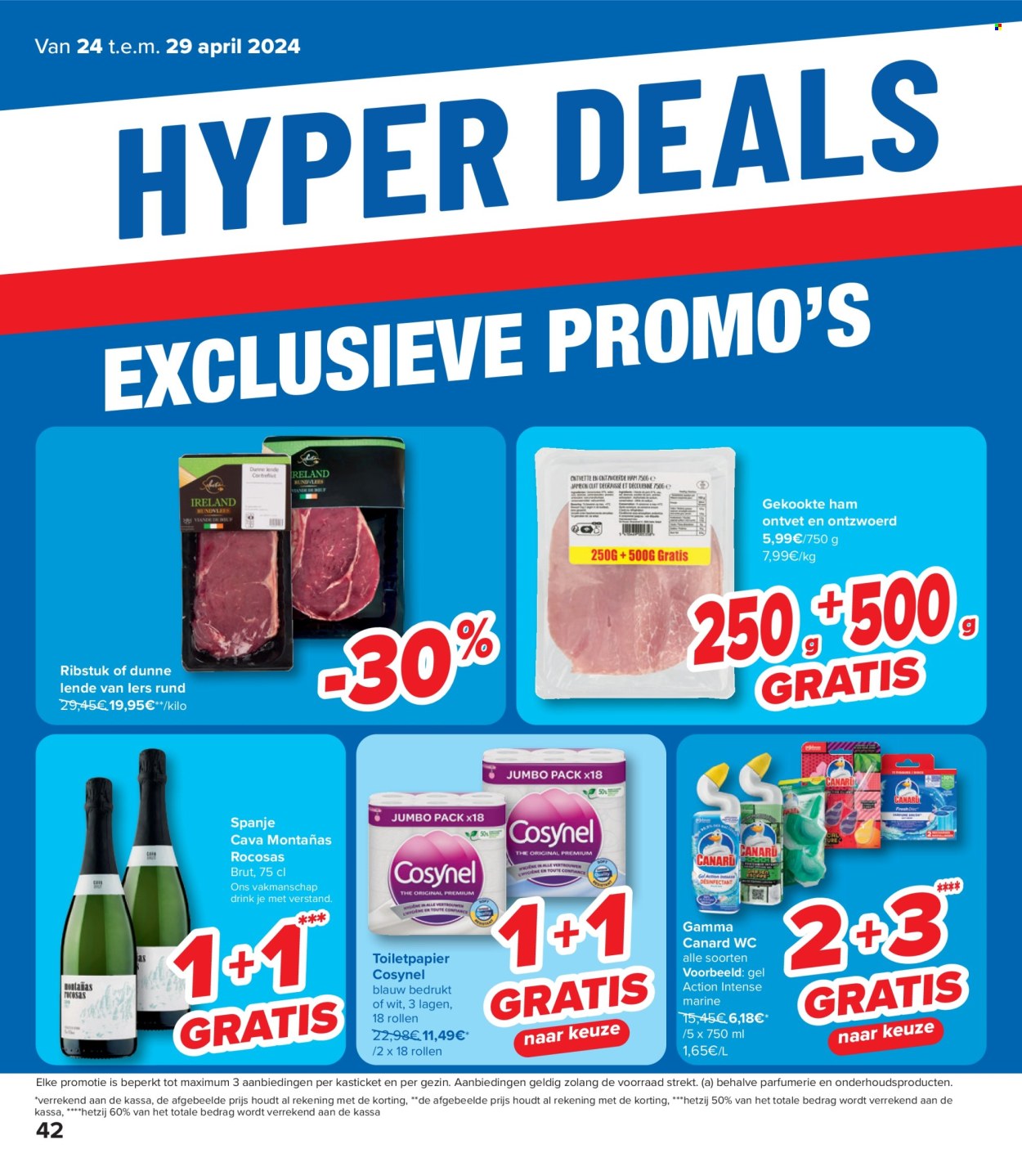 thumbnail - Carrefour hypermarkt-aanbieding - 24/04/2024 - 06/05/2024 -  producten in de aanbieding - alcohol, Gamma, ham, Cava, toiletpapier. Pagina 42.