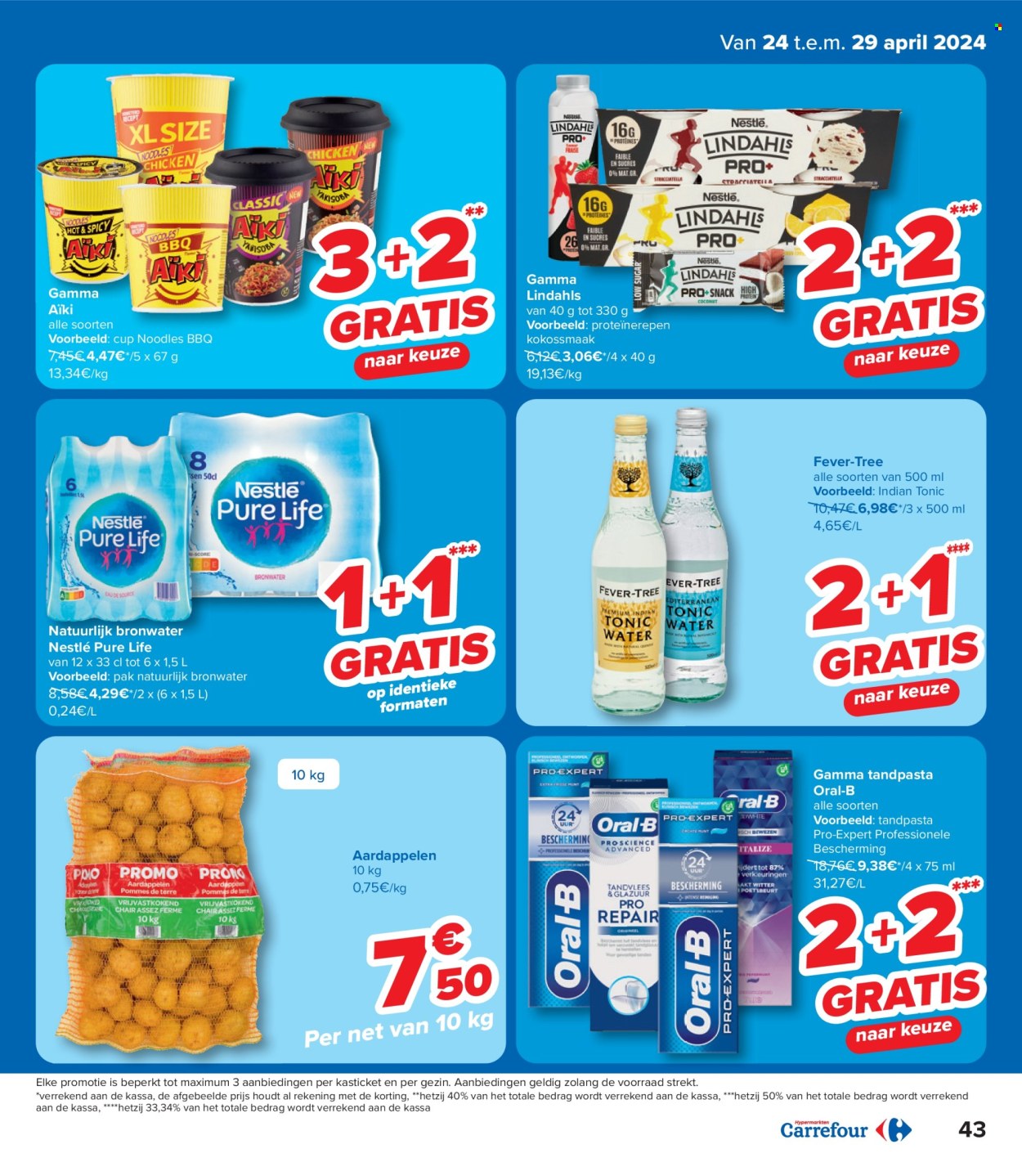 thumbnail - Carrefour hypermarkt-aanbieding - 24/04/2024 - 06/05/2024 -  producten in de aanbieding - Gamma, aardappelen, Nestlé, BBQ, bronwater, tandpasta, Oral-B. Pagina 43.