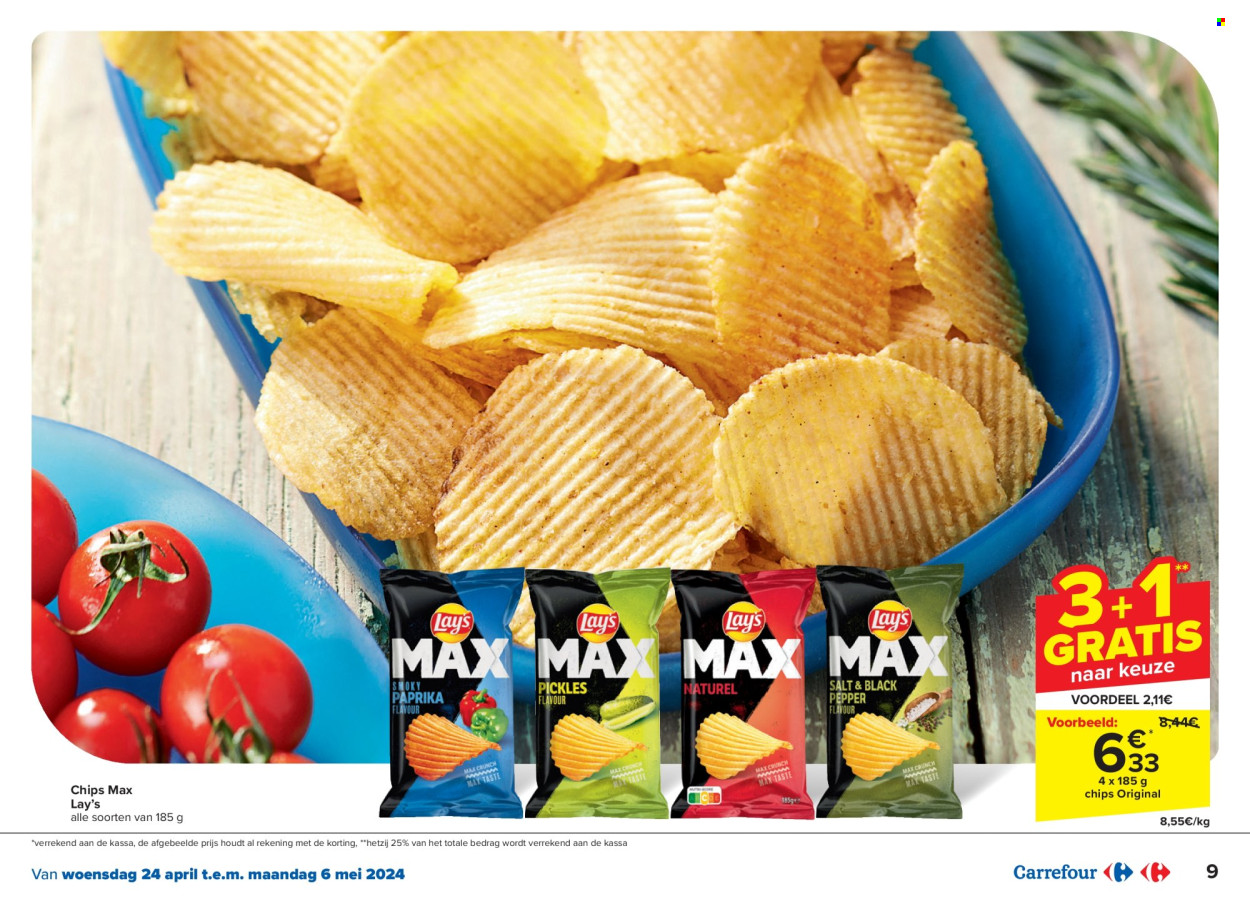 thumbnail - Carrefour-aanbieding - 24/04/2024 - 06/05/2024 -  producten in de aanbieding - paprika, chips, zoute snack, Lay’s, pickles. Pagina 9.