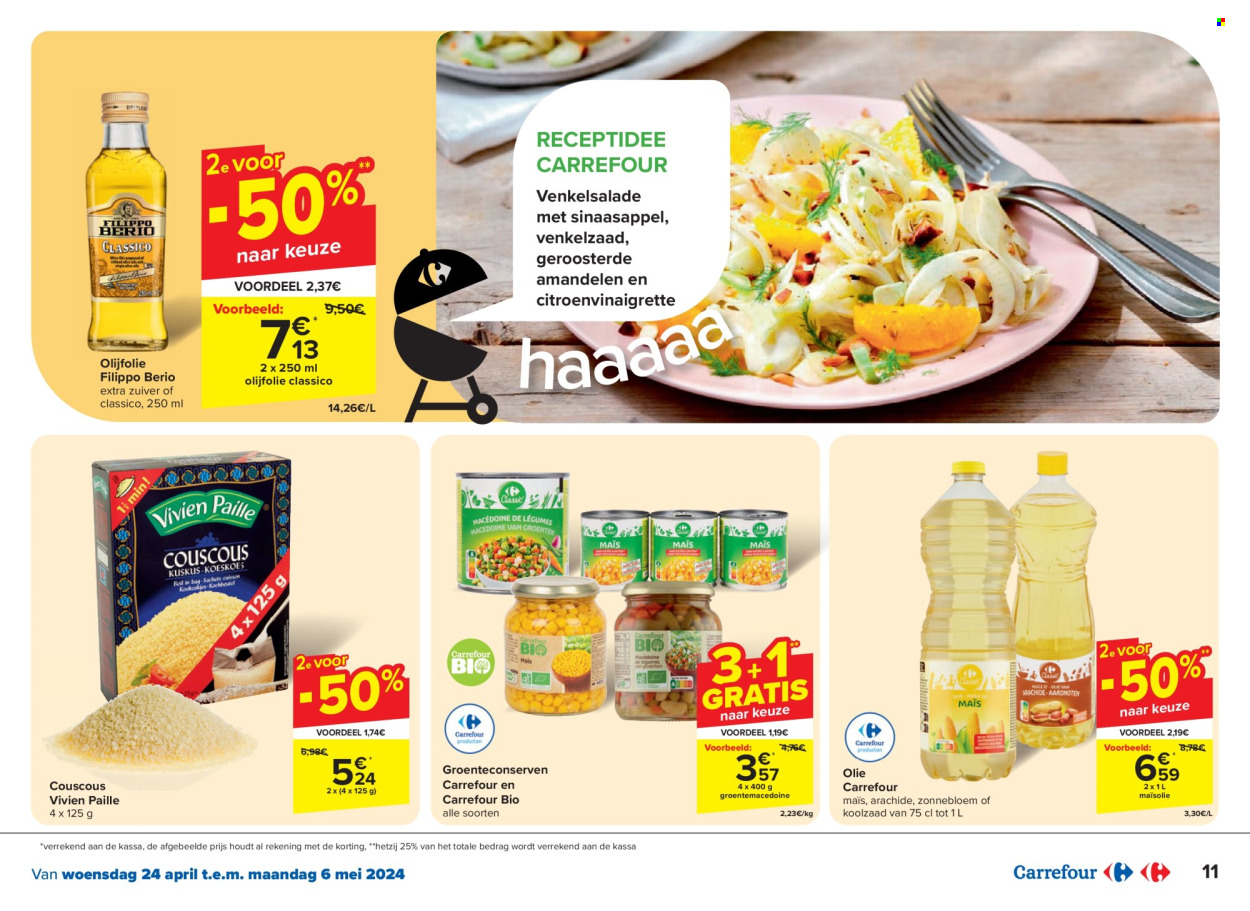 thumbnail - Carrefour-aanbieding - 24/04/2024 - 06/05/2024 -  producten in de aanbieding - maïs, couscous, olijfolie, geroosterde amandelen, amandelen, buitenplante. Pagina 11.