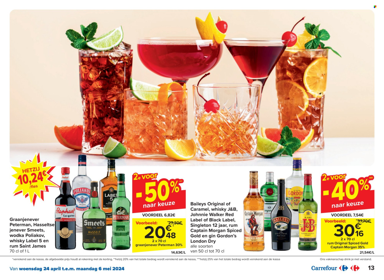 thumbnail - Carrefour-aanbieding - 24/04/2024 - 06/05/2024 -  producten in de aanbieding - alcohol, rum, Gordon’s Gin, Captain Morgan, whisky, gin, Jenever, Johnnie Walker, Baileys, fles. Pagina 13.