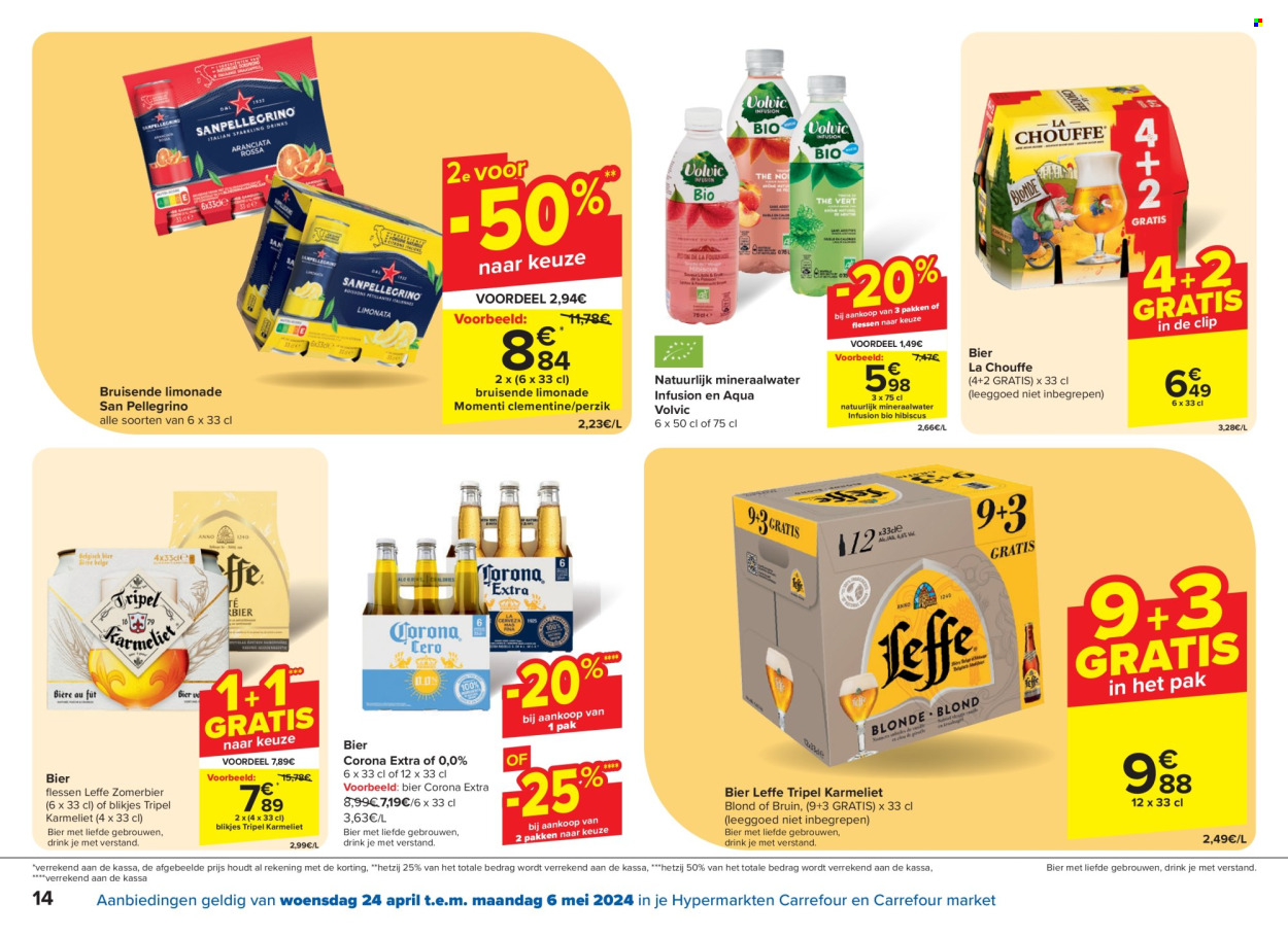 thumbnail - Carrefour-aanbieding - 24/04/2024 - 06/05/2024 -  producten in de aanbieding - Leffe, bier, Corona Extra, alcohol, perzik, limonade, mineraalwater, fles. Pagina 14.