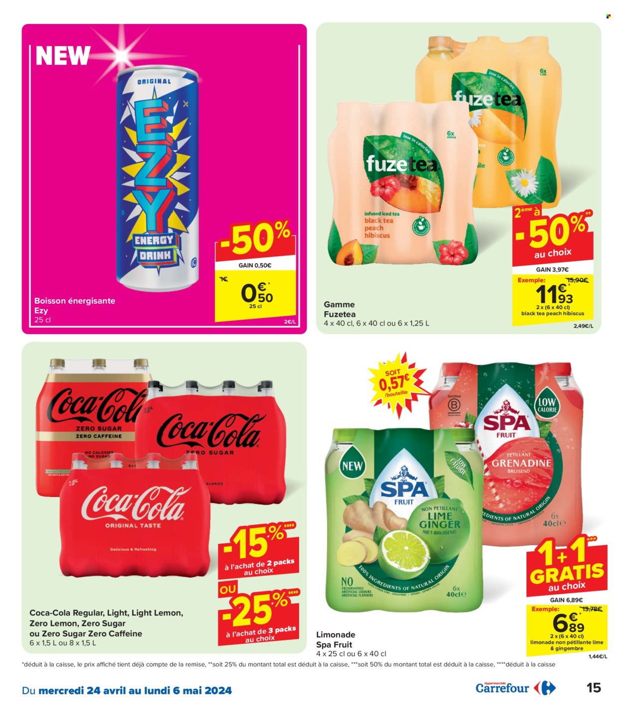 thumbnail - Carrefour hypermarkt-aanbieding - 24/04/2024 - 06/05/2024 -  producten in de aanbieding - Coca-Cola, limonade, mineraalwater, Spa, thee, fuzetea. Pagina 15.