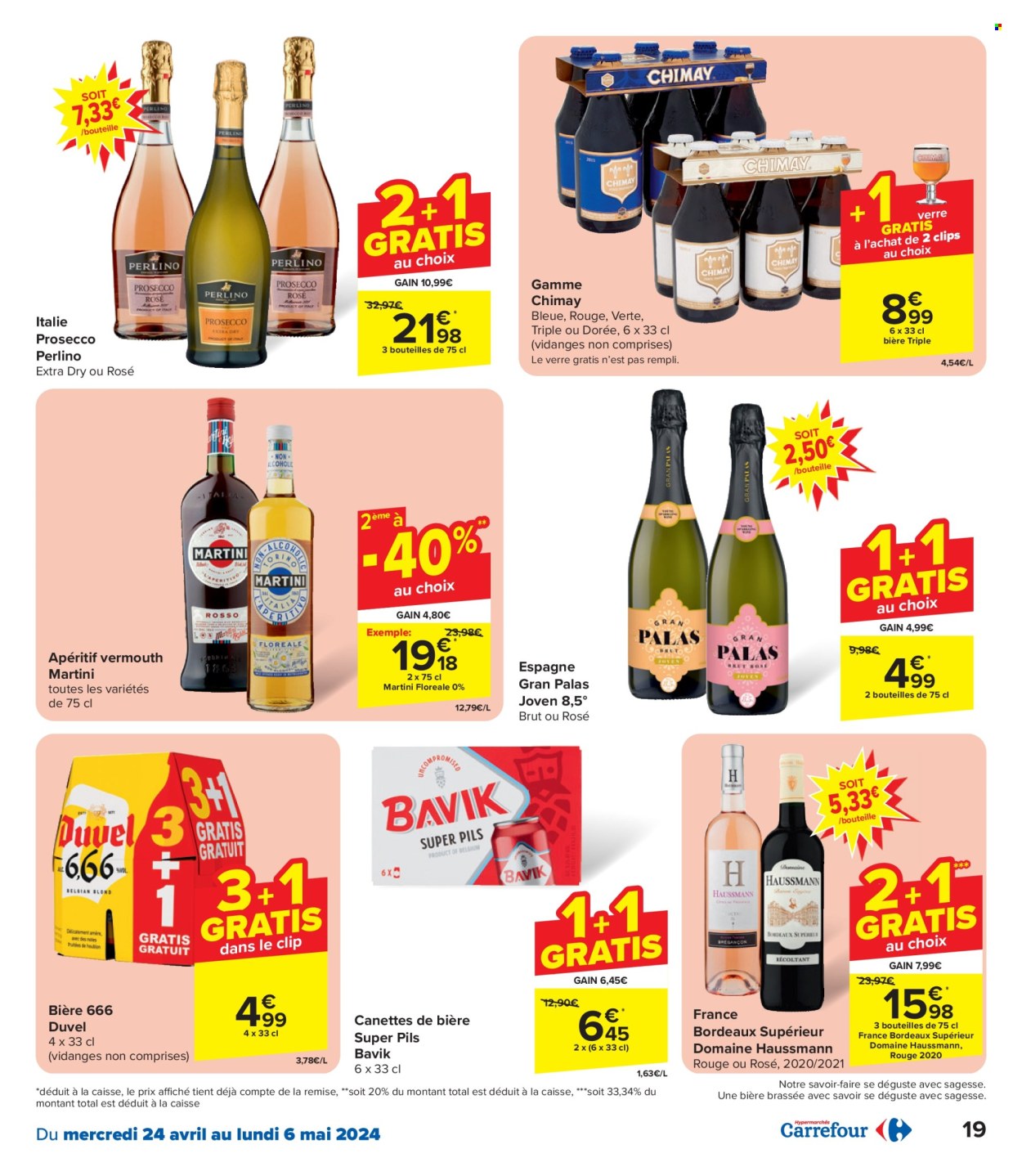 thumbnail - Carrefour hypermarkt-aanbieding - 24/04/2024 - 06/05/2024 -  producten in de aanbieding - Duvel, bier, alcohol, Martini, prosecco, Bordeaux, Vermouth. Pagina 19.