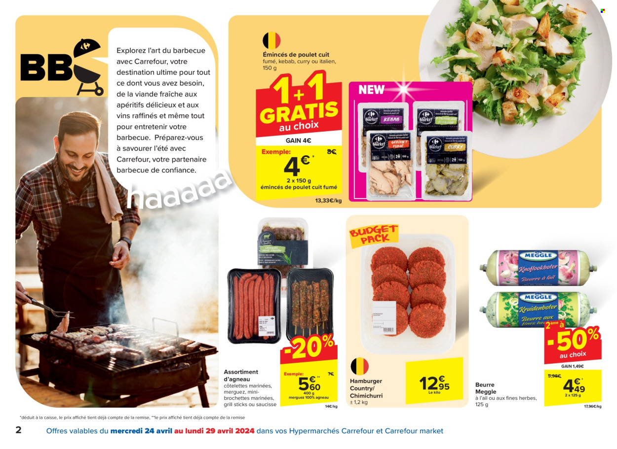 thumbnail - Carrefour-aanbieding - 24/04/2024 - 06/05/2024 -  producten in de aanbieding - hamburger, merguez worstjes, chimichurri, curry, BBQ, grill. Pagina 2.