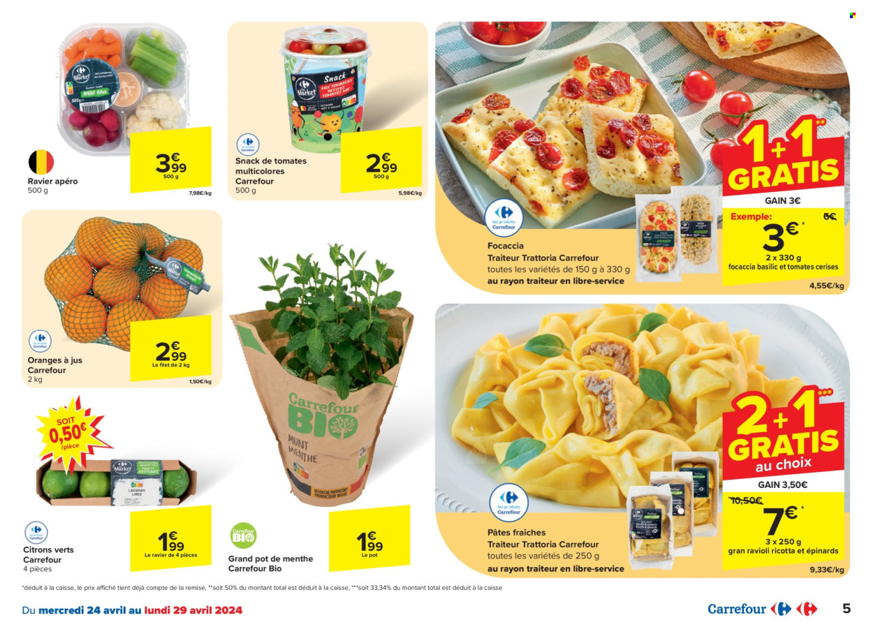 thumbnail - Carrefour-aanbieding - 24/04/2024 - 06/05/2024 -  producten in de aanbieding - focaccia, ricotta, ravioli. Pagina 5.