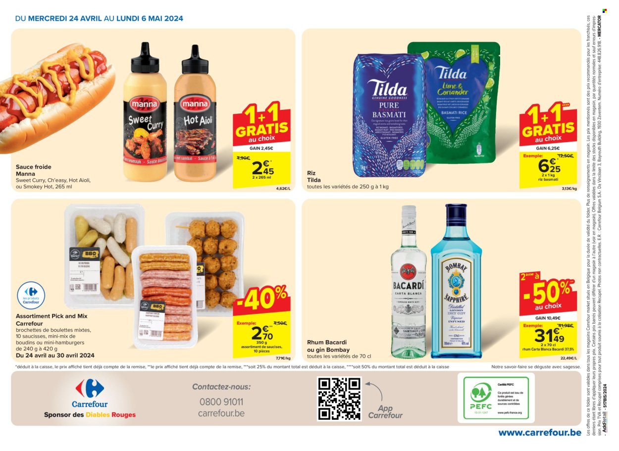 thumbnail - Carrefour-aanbieding - 24/04/2024 - 06/05/2024 -  producten in de aanbieding - alcohol, hamburger, Aïoli, basmatirijst, curry, Bacardi, rum, gin. Pagina 20.
