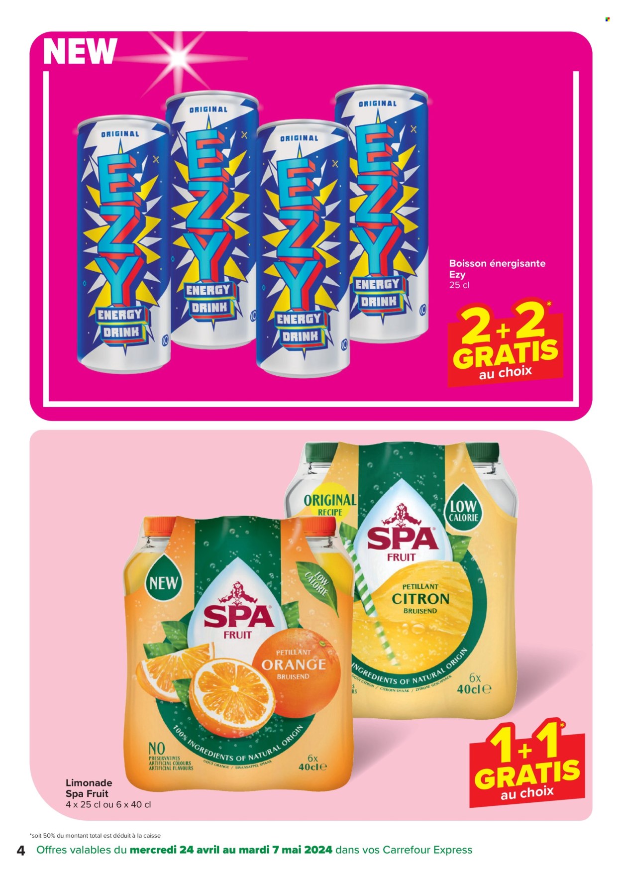 thumbnail - Carrefour express-aanbieding - 24/04/2024 - 06/05/2024 -  producten in de aanbieding - sinaasappels, energy drink, limonade, mineraalwater, Spa. Pagina 4.