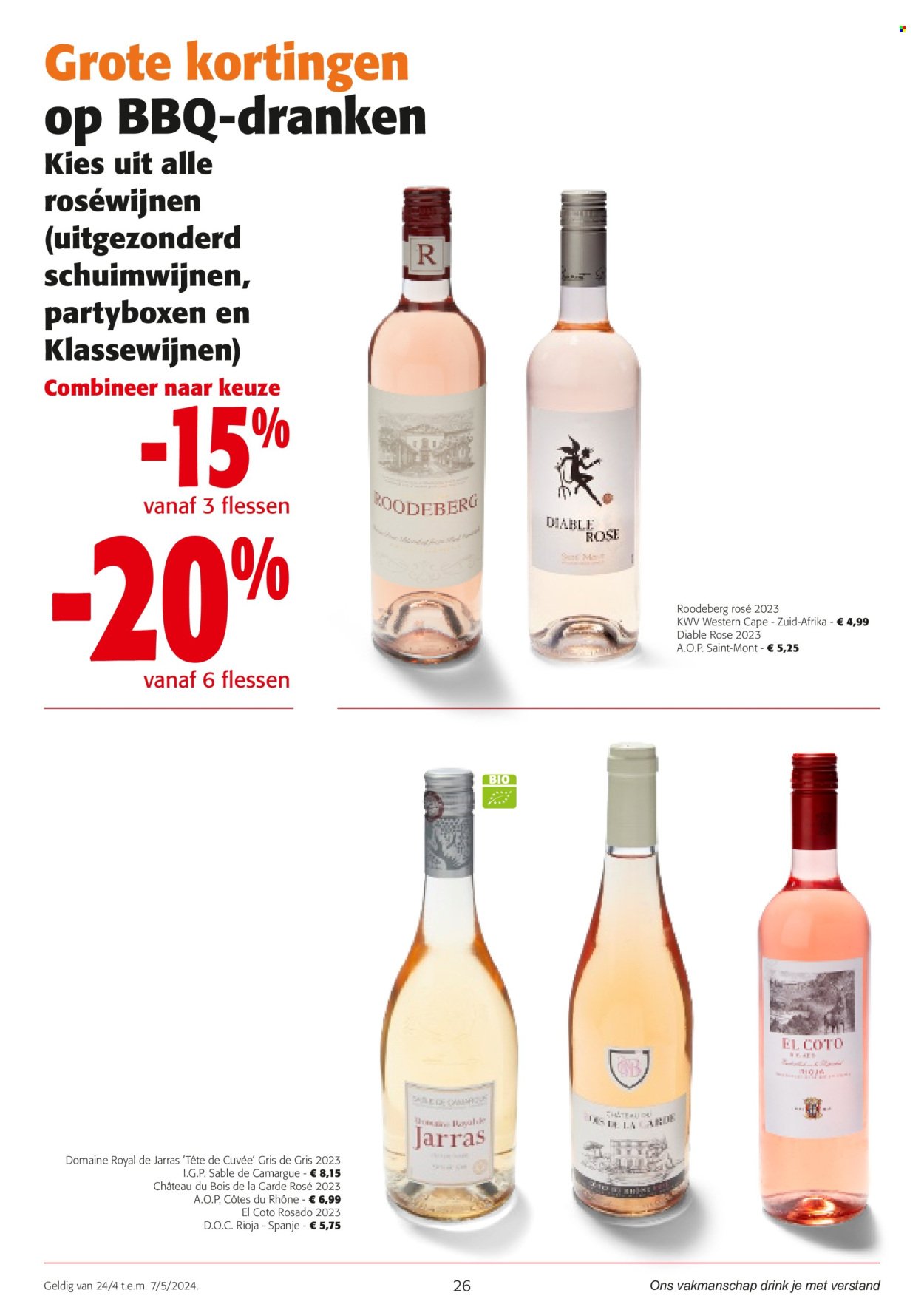 thumbnail - Colruyt-aanbieding - 24/04/2024 - 07/05/2024 -  producten in de aanbieding - alcohol, BBQ, Rioja, rode wijn, wijn, Côtes du Rhône, fles. Pagina 26.