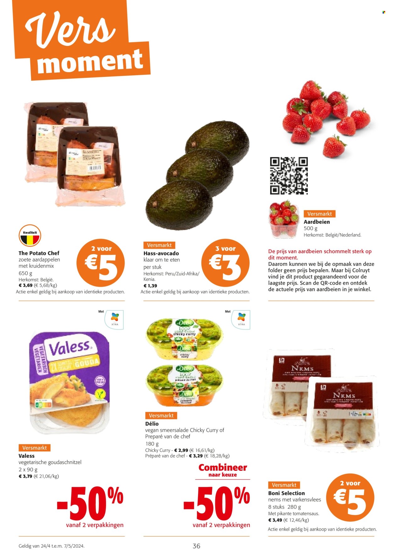 thumbnail - Colruyt-aanbieding - 24/04/2024 - 07/05/2024 -  producten in de aanbieding - varkensvlees, zoete bataat, avocado, tomatensaus, curry. Pagina 36.