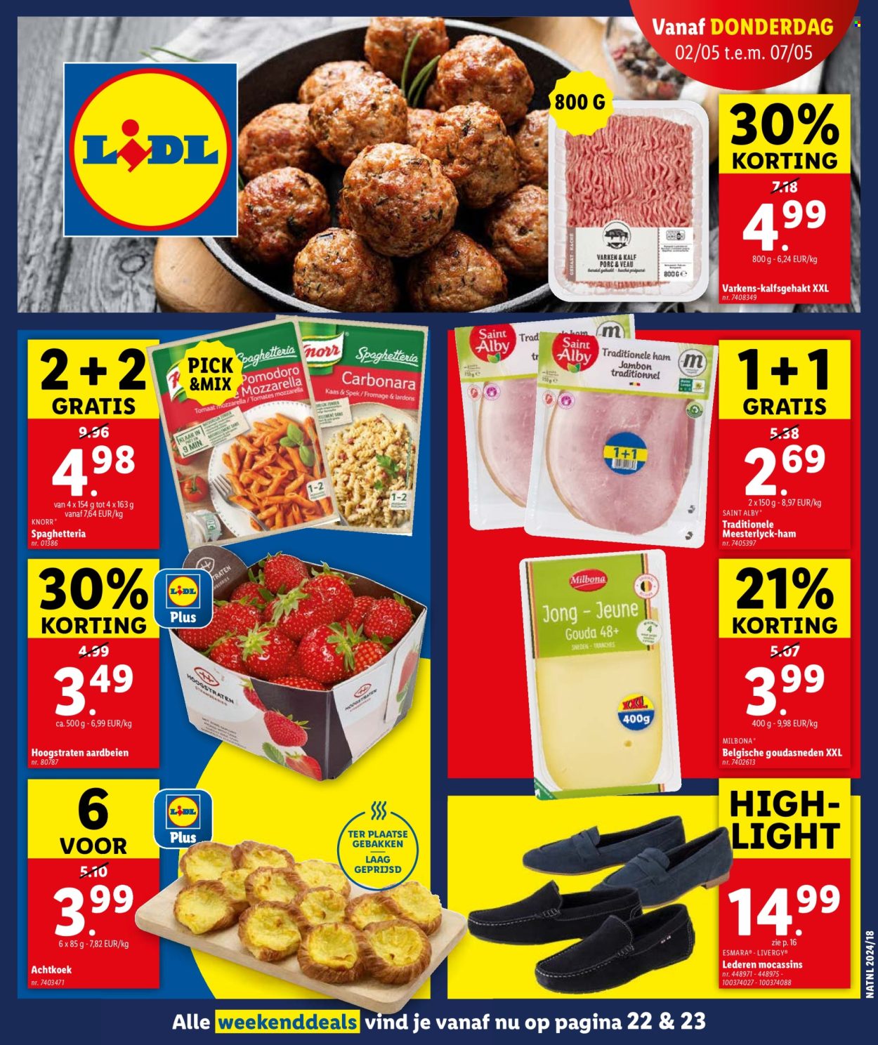 thumbnail - Lidl-aanbieding - 02/05/2024 - 07/05/2024 -  producten in de aanbieding - aardbeien, gehakt, Knorr, ham, lardons, spek, kaas, mozzarella, gouda. Pagina 1.