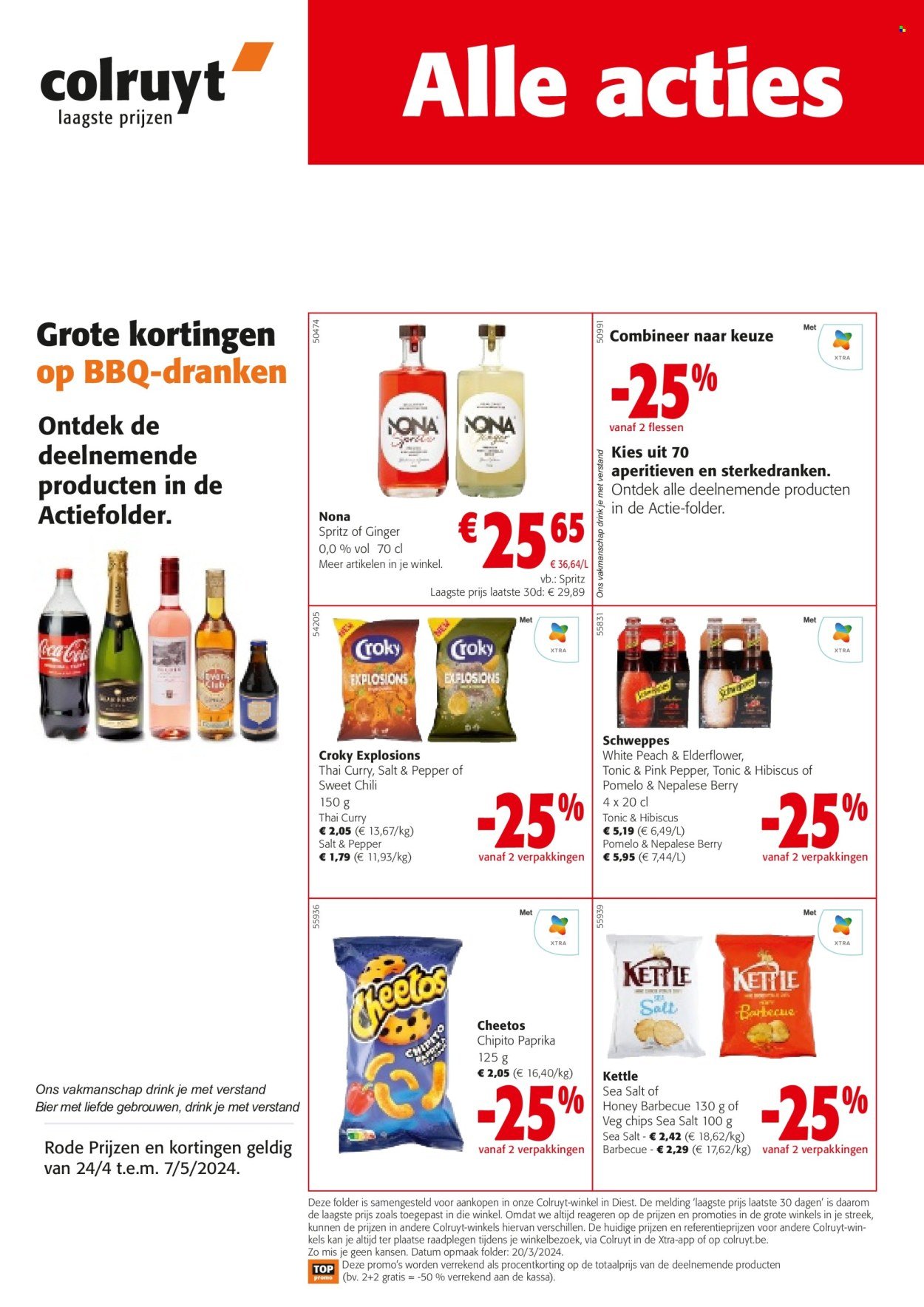 thumbnail - Colruyt-aanbieding - 24/04/2024 - 07/05/2024 -  producten in de aanbieding - bier, alcohol, paprika, cheetos, chips, curry, sweet chili sauce, BBQ, Schweppes, fles. Pagina 1.