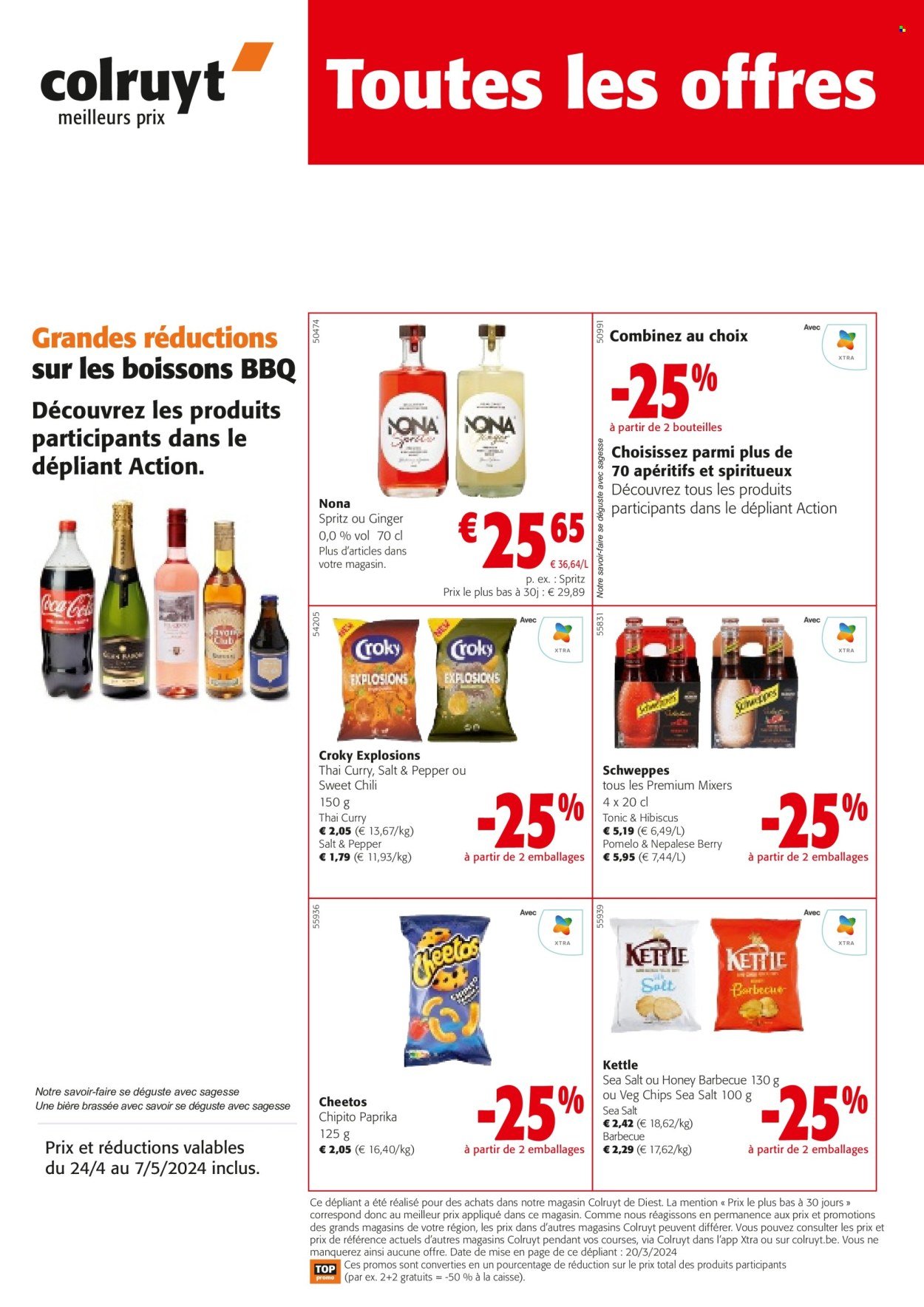 thumbnail - Colruyt-aanbieding - 24/04/2024 - 07/05/2024 -  producten in de aanbieding - paprika, cheetos, chips, curry, sweet chili sauce, BBQ, Schweppes. Pagina 1.