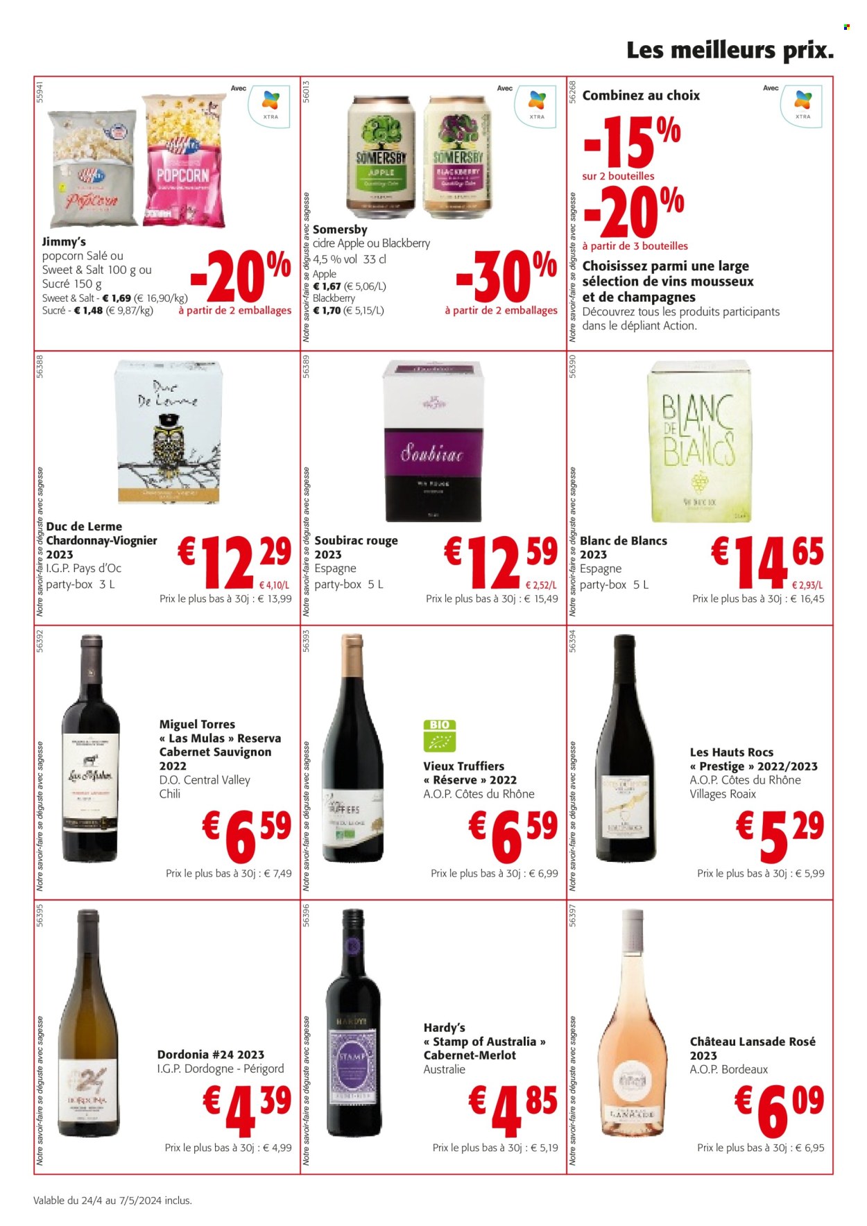 thumbnail - Colruyt-aanbieding - 24/04/2024 - 07/05/2024 -  producten in de aanbieding - alcohol, popcorn, Cabernet Sauvignon, Chardonnay, Merlot, rode wijn, witte wijn, wijn, Côtes du Rhône, Bordeaux, cider. Pagina 2.