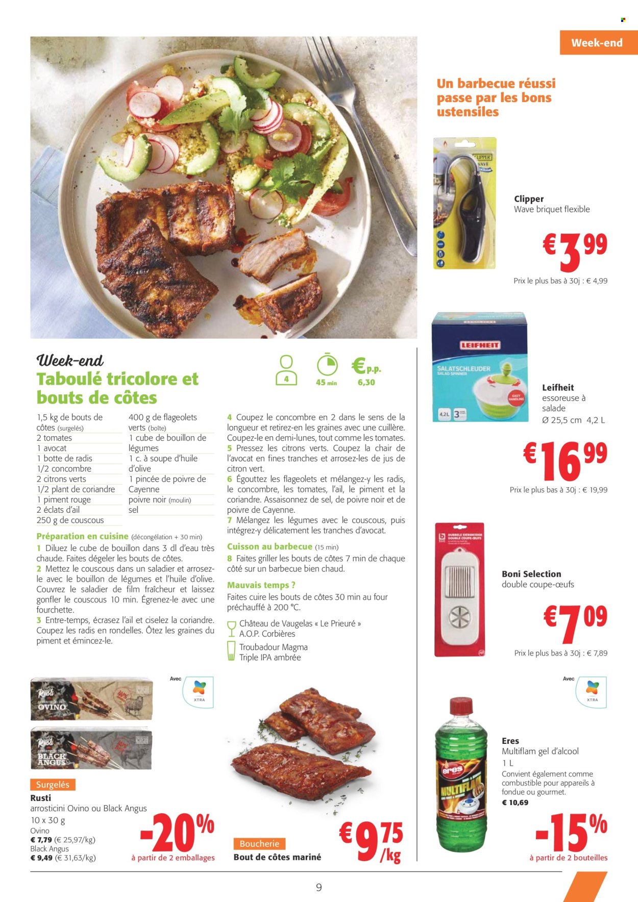 thumbnail - Colruyt-aanbieding - 24/04/2024 - 07/05/2024 -  producten in de aanbieding - IPA, alcohol, salade, bouillon, couscous, BBQ, Leifheit, fondue. Pagina 9.