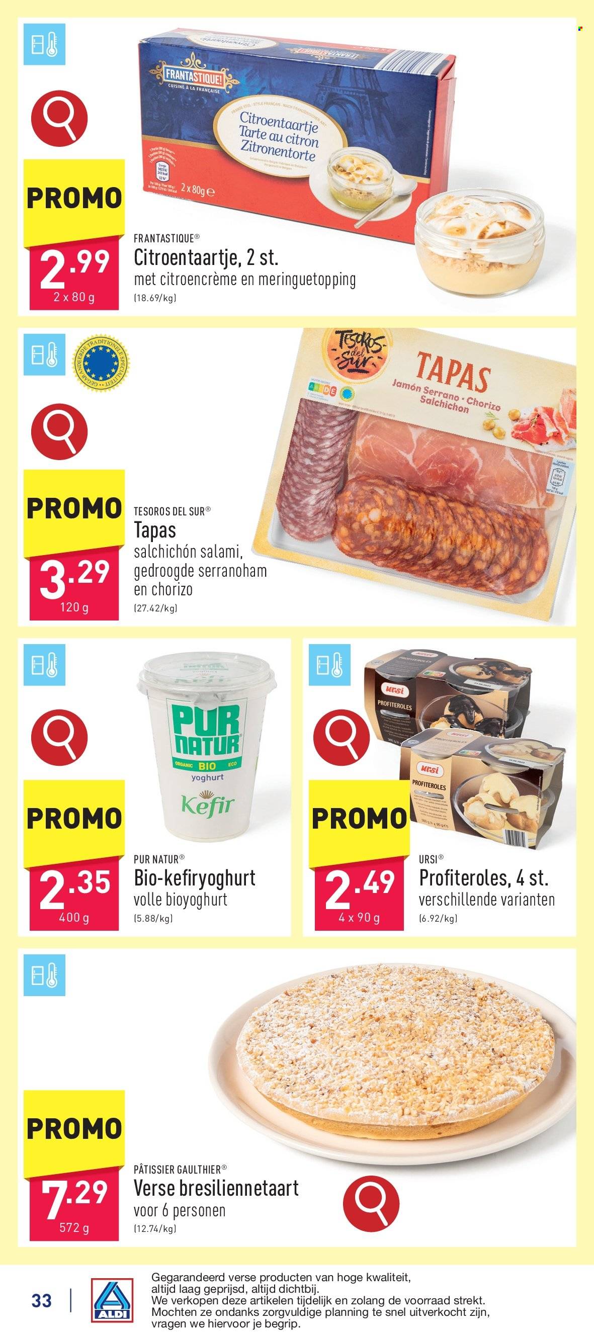 thumbnail - ALDI-aanbieding - 27/04/2024 - 04/05/2024 -  producten in de aanbieding - profiteroles, tapas, ham, salami, serranoham, chorizo, yoghurt. Pagina 33.