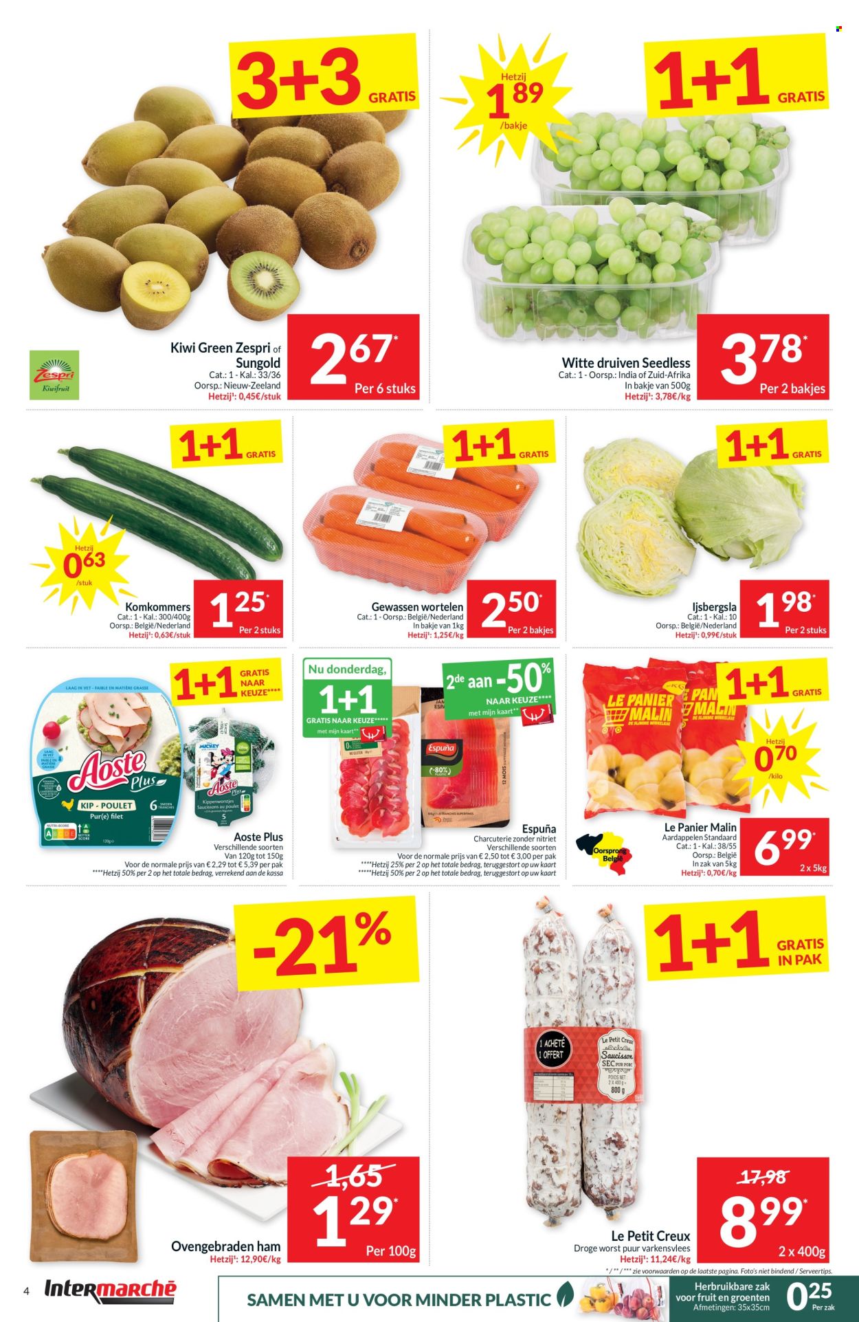 thumbnail - Intermarché-aanbieding - 30/04/2024 - 05/05/2024 -  producten in de aanbieding - varkensvlees, aardappelen, bospeen, ijsbergsla, druiven, kiwi, ham, worstjes. Pagina 4.