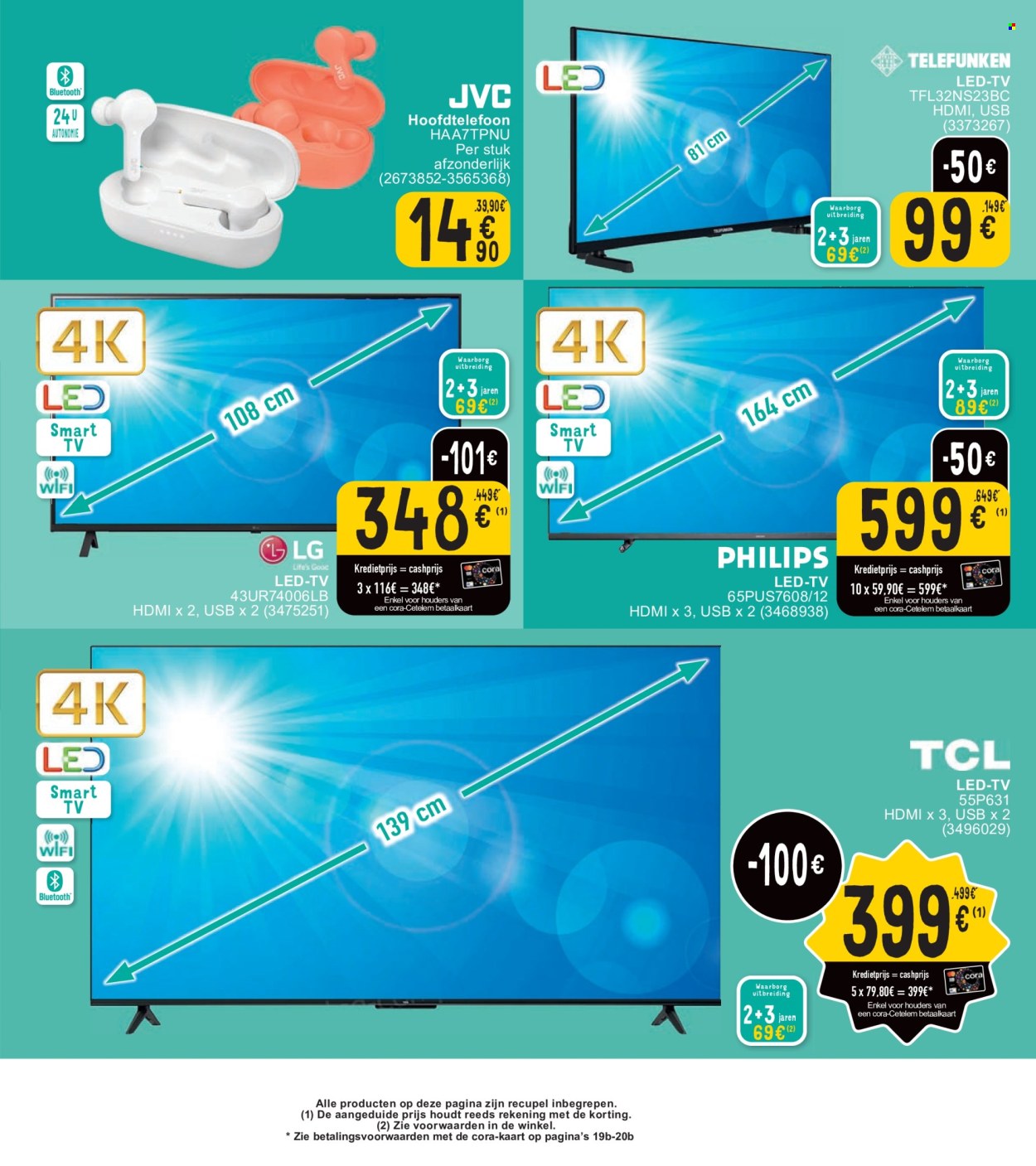 thumbnail - Cora-aanbieding - 30/04/2024 - 13/05/2024 -  producten in de aanbieding - HDMI, TV, Smart TV, hoofdtelefoon, led lamp. Pagina 36.