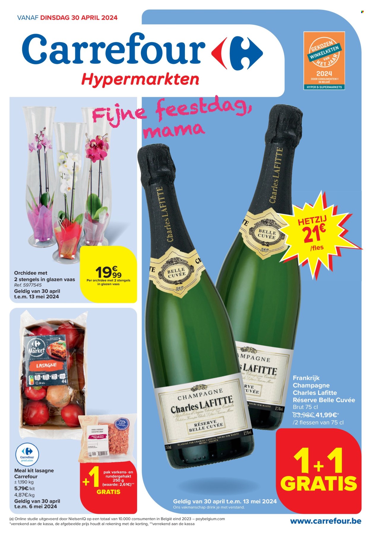thumbnail - Carrefour hypermarkt-aanbieding - 30/04/2024 - 13/05/2024 -  producten in de aanbieding - alcohol, rundergehakt, lasagne, champagne, wijn, Frankrijk, vaas, fles, kamerplante, orchidee. Pagina 1.